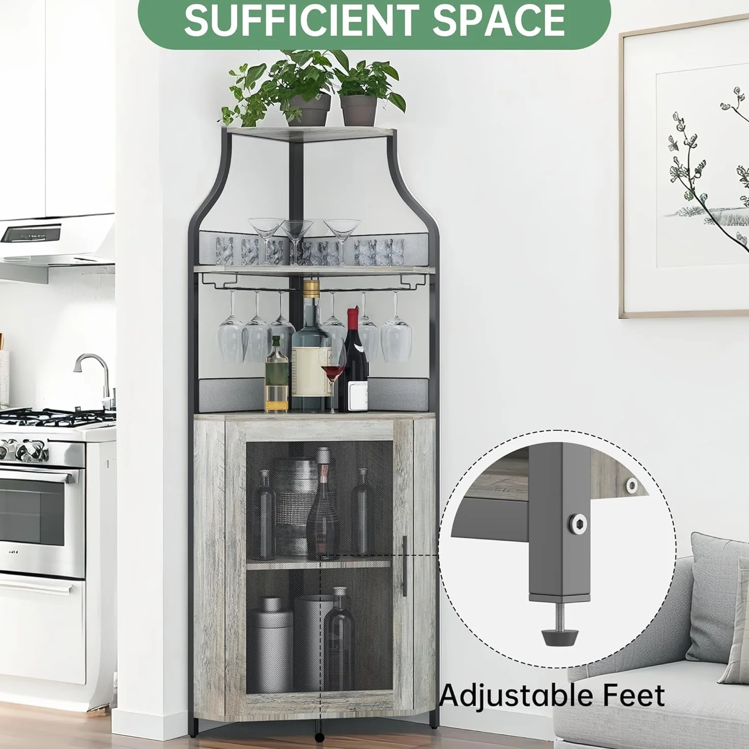 Armadietto angolare in legno con 2 supporti in vetro, armadio ad angolo con ante in metallo e 4 ripiani, cucina con superficie di lavoro, mobili da bar per ingresso, soggiorno, cucina (152 x 90 x 32