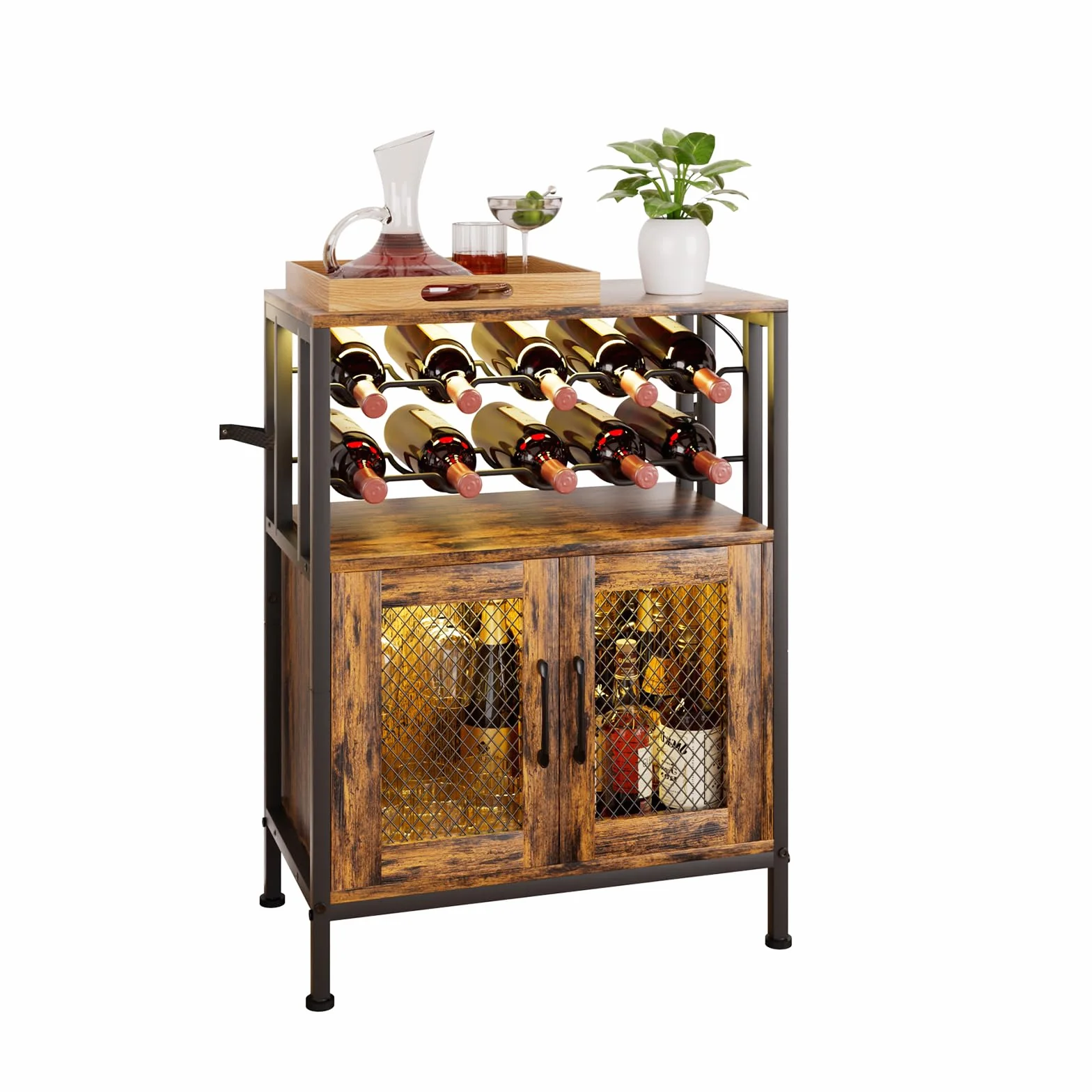 Yorbay Mobili Portabottiglie con Luci LED: Mobile Bar Autoportante con Anta a Griglia per 10 Bottiglie e 6 Bicchieri - Scaffale per Vini in Stile Industriale per Cucina Soggiorno Sala da Pranzo