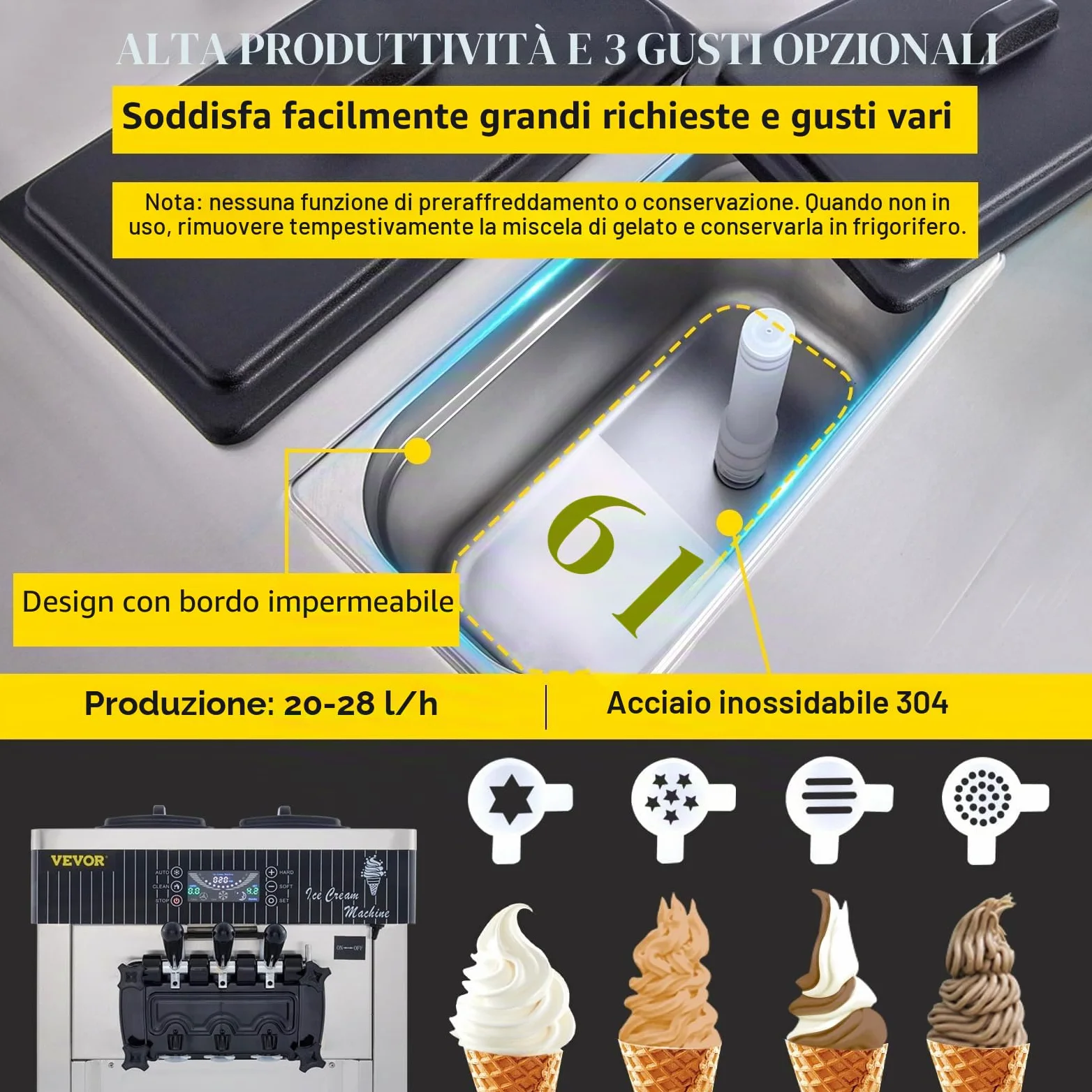 VEVOR Macchina per gelato commerciale da 5,3 a 7,4 galloni all'ora per servire morbido con display a LED Auto Clean 3 sapori perfetta per ristoranti snack bar, 2200 W, argento