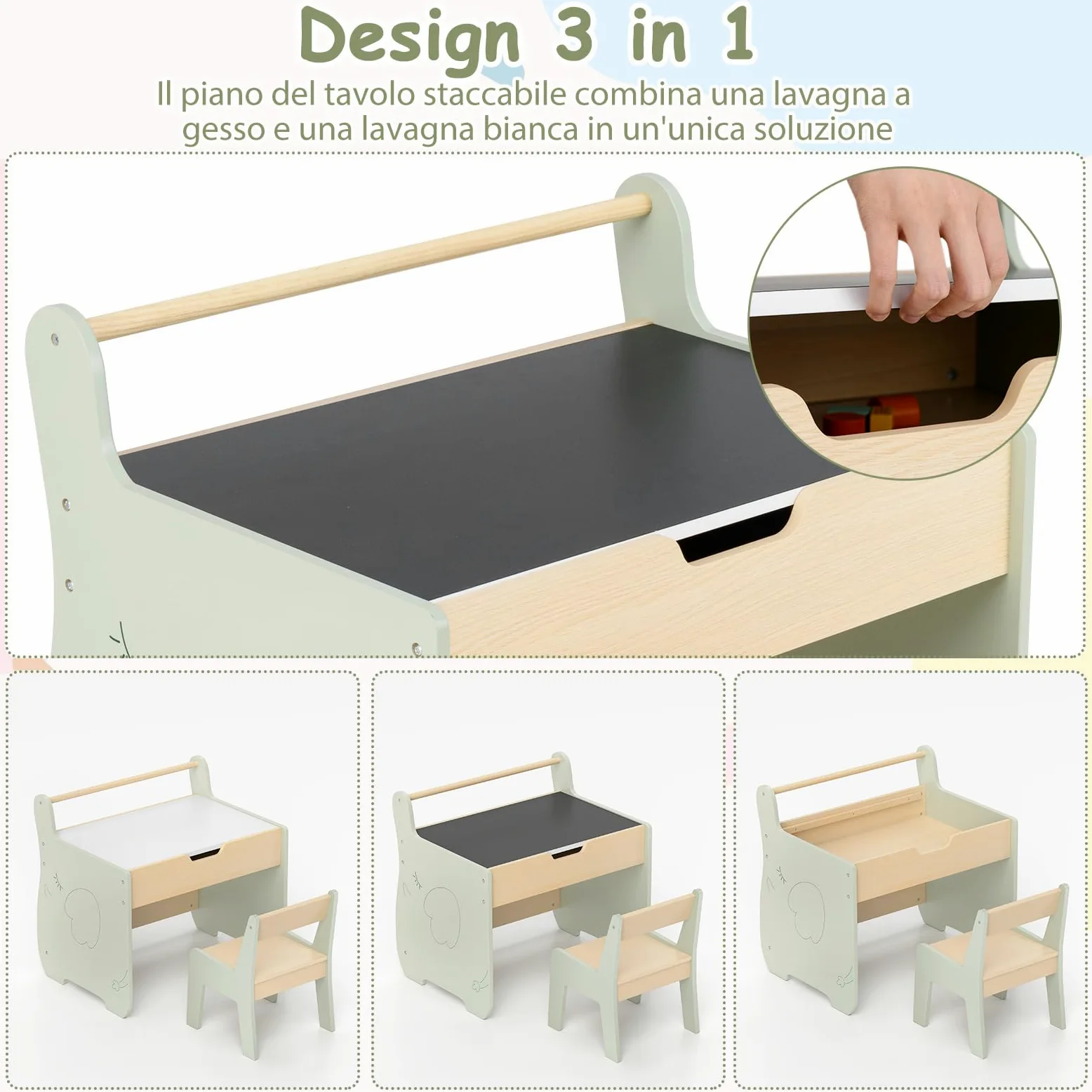 RELAX4LIFE Set Tavolo e Sedia 2 in 1 per Bambini, Scrivania in Legno con Piano Bifacciale Rimovibile, Ampio Spazio Archiviazione, Design Multifunzionale per Camera dei Bambini (Verde+Naturale)