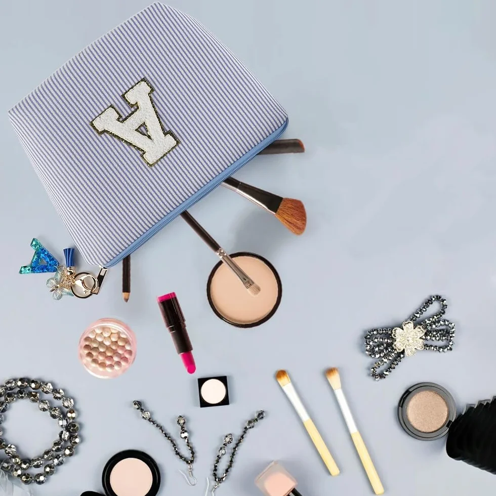 Pochette Personalizzata Beauty Case Portachiavi Bambina Ragazza con Iniziale Regali Personalizzati per Donna (Blu)