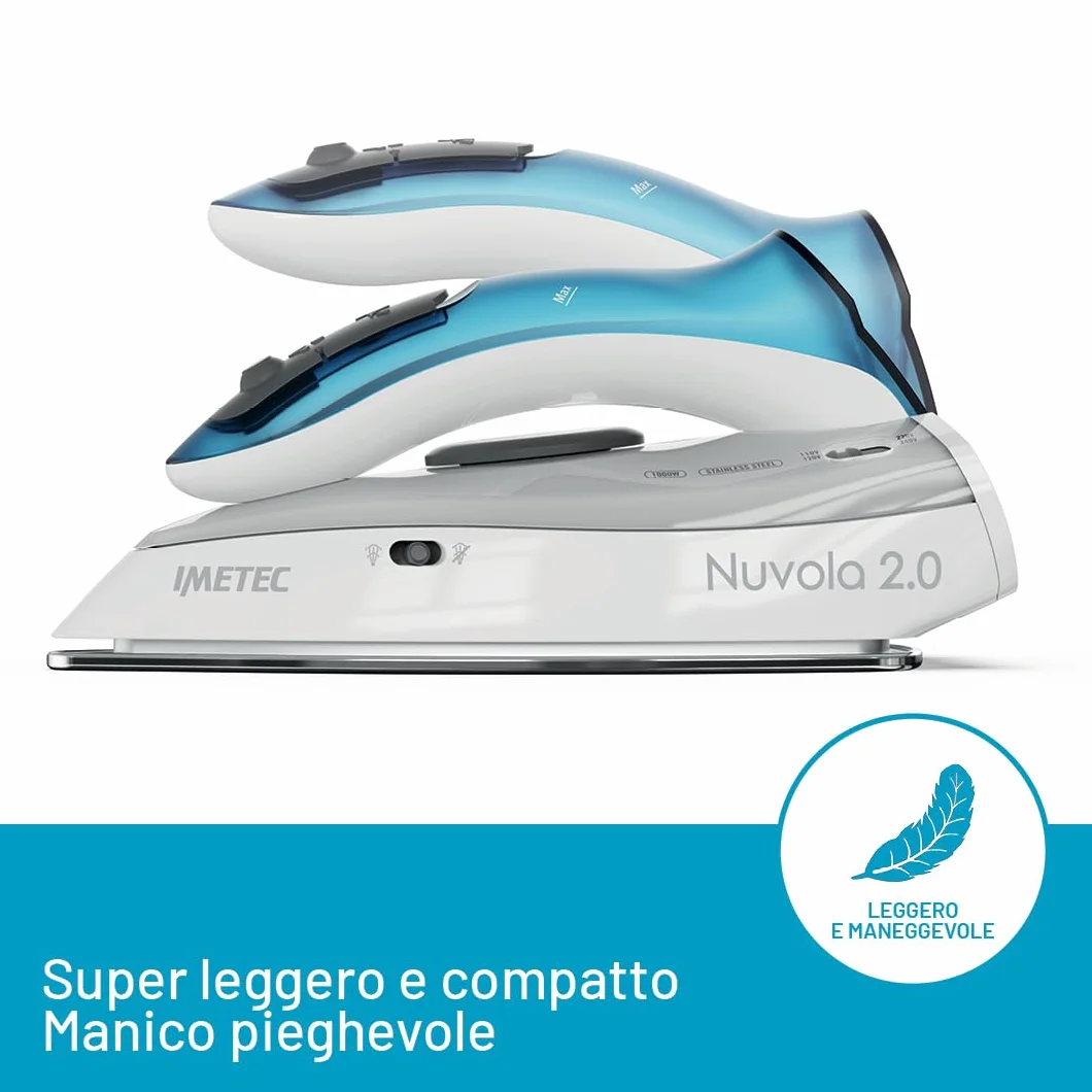 Imetec Nuvola 2.0 - Ferro da Stiro da Viaggio a Vapore - Piastra in Acciaio Inox - 1000 Watt - Compatto e leggero - Manico pieghevole - Custodia da Viaggio - Doppio Voltaggio - Colpo vapore 80 g