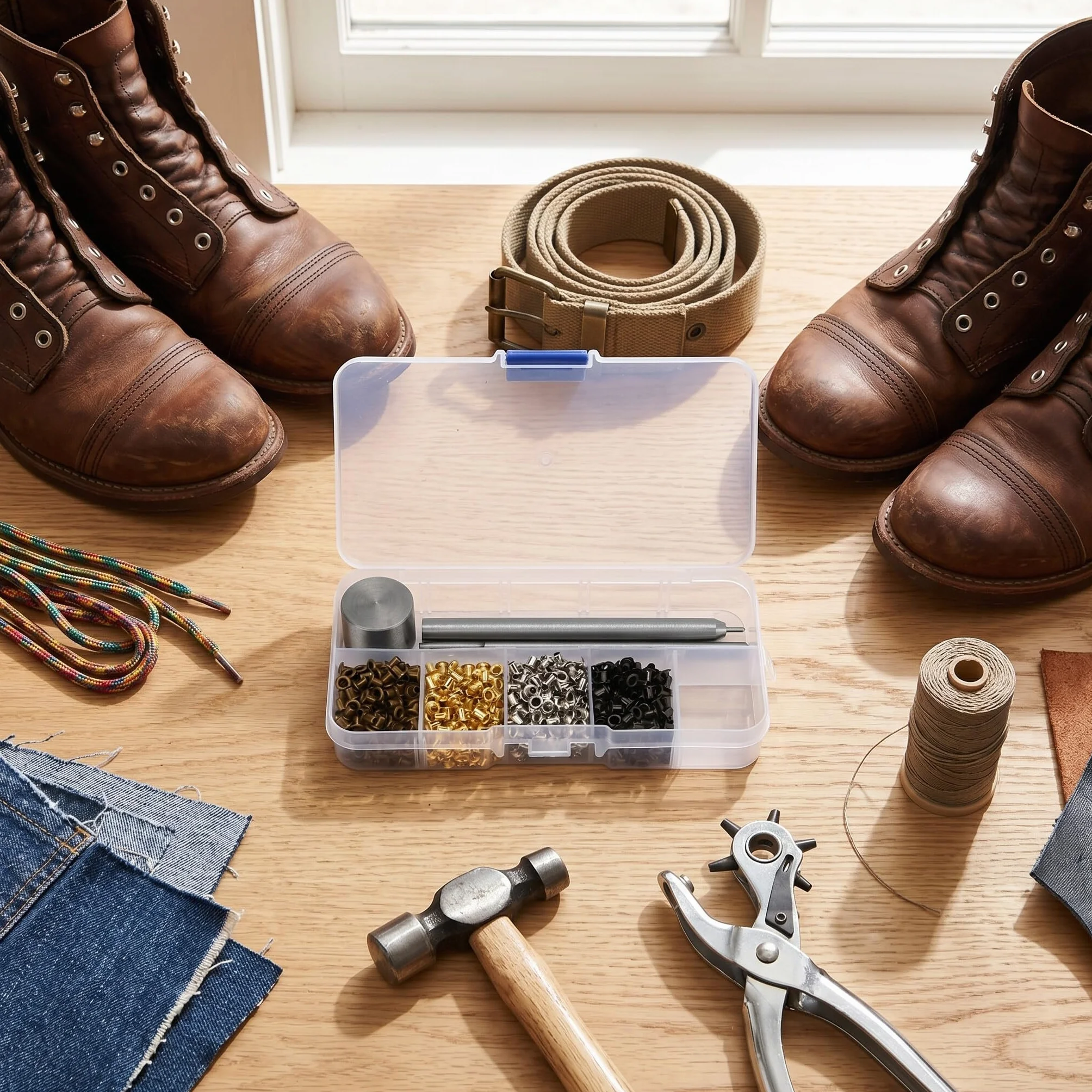 Kit occhielli in metallo per passacavi (2 mm) in ottone/ferro – ideale per borse, scarpe, abbigliamento e pelle; include punzoni e scatola pratica.
