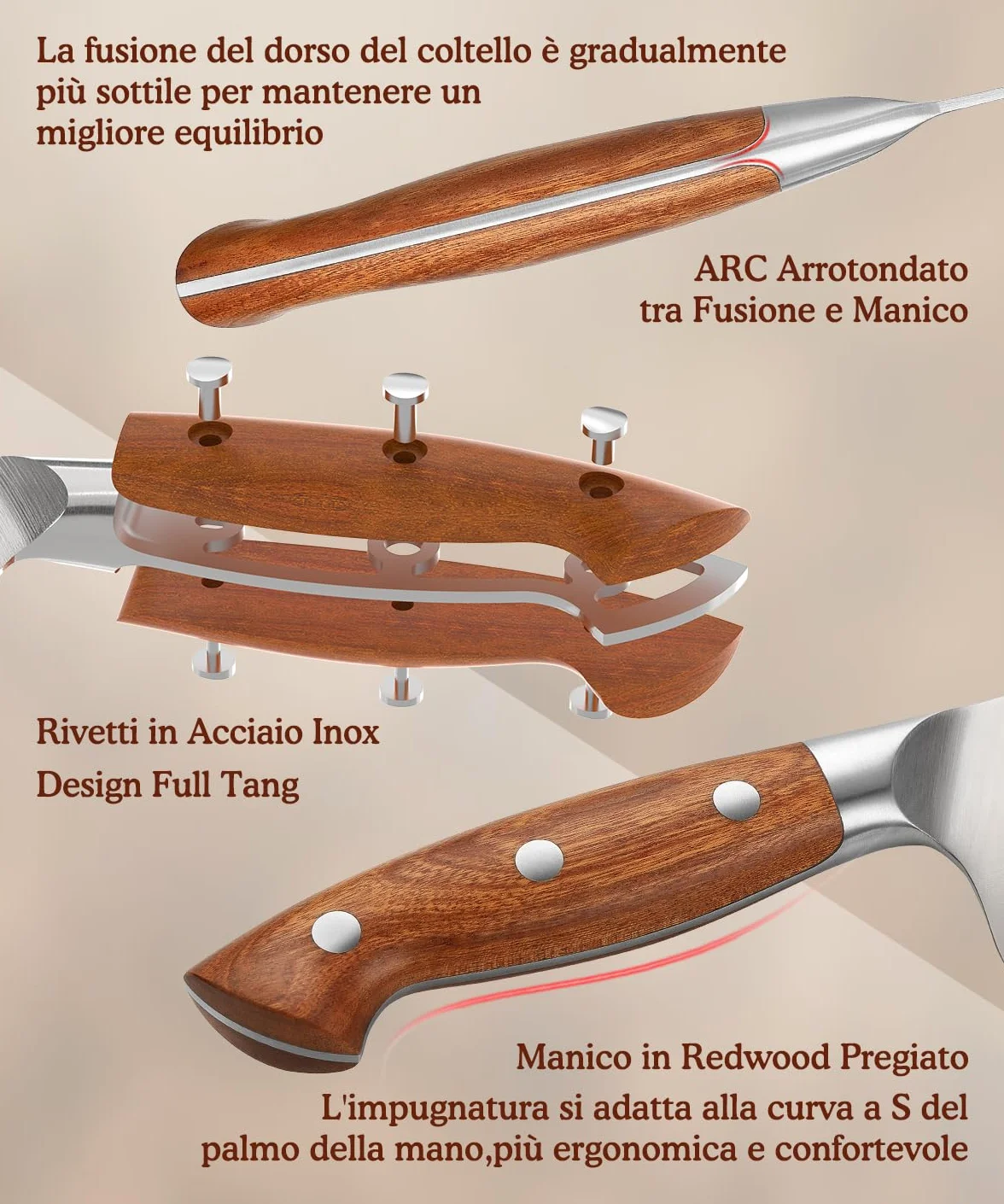 Coltelli da Chef HEZHEN 21cm Acciaio German DIN1.4116 Full Tang Manico Redwood