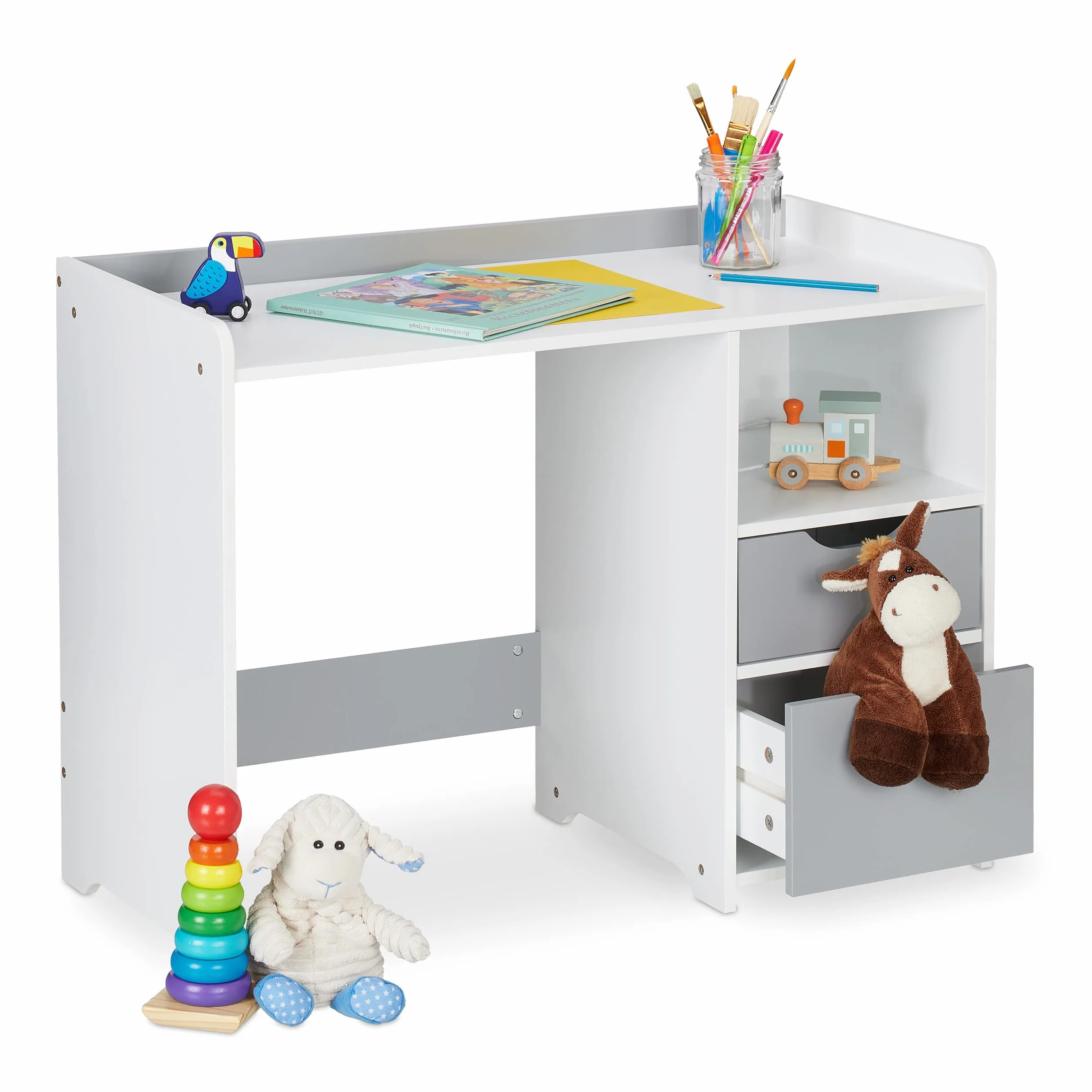 Relaxdays Scrivania per Bambini, 2 Cassetti, Ripiano Aperto, Tavolo per Scolari, HxLxP 60x80x38 cm, MDF, Bianco Grigio