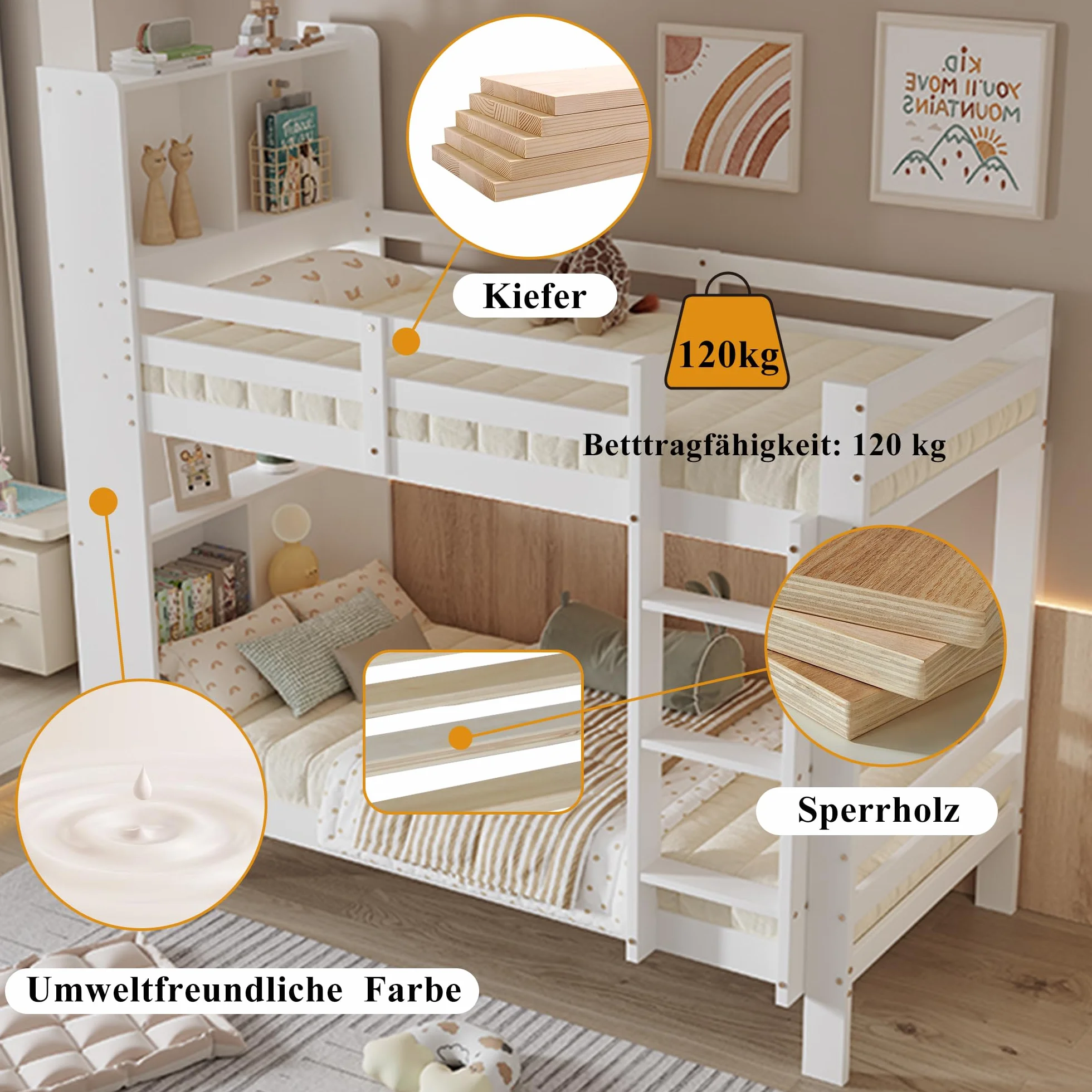 Oyemige Letto a Castello, Letto per Bambini con Contenitore, Letto Matrimoniale con Ripiano e Scala Ad Angolo Retto a Tre Gradini, 90x200 cm Letto In Legno, Rete A Doghe, Bianco, Senza Materasso