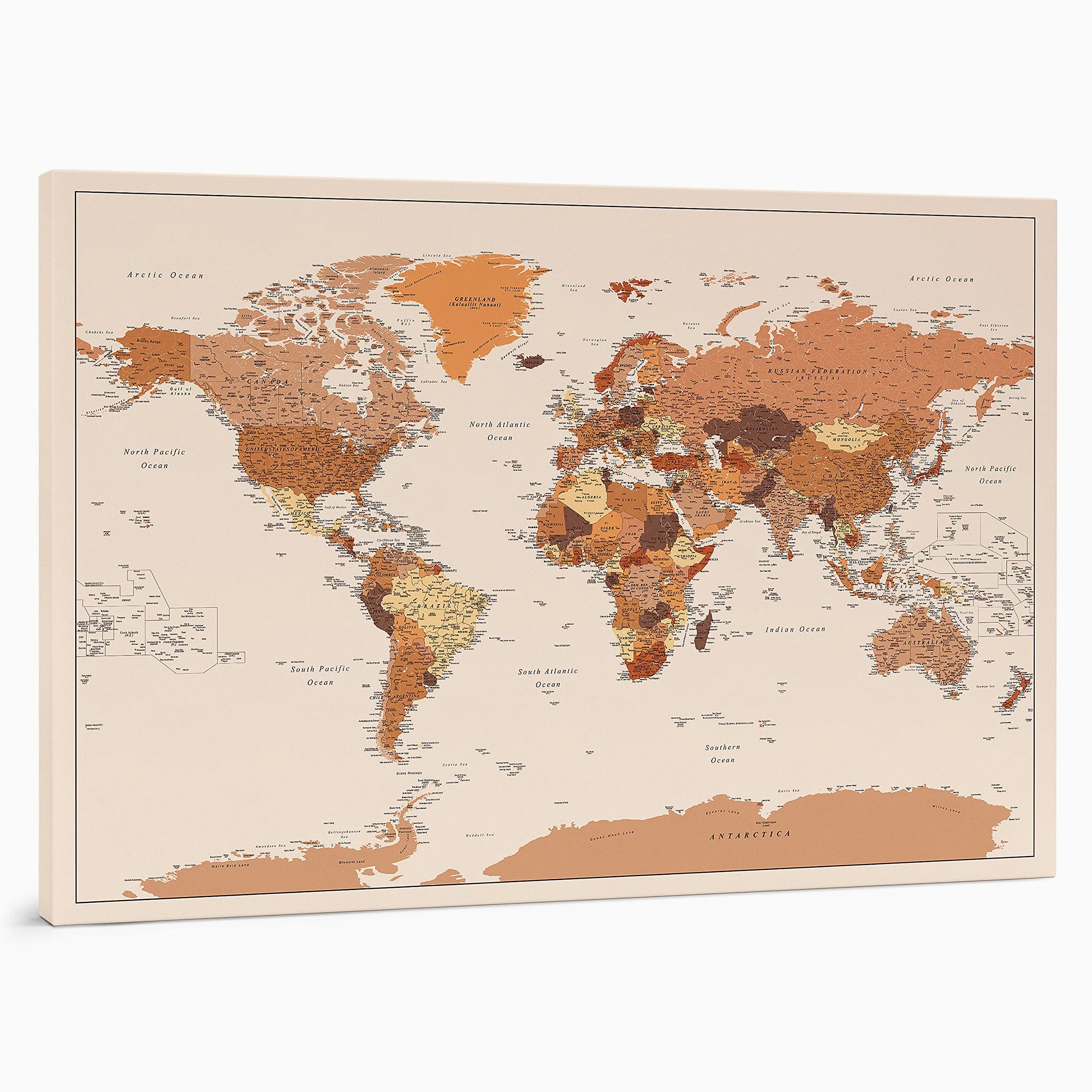 Trip Map Planisfero da Parete – Mappa del mondo - Quadro su tela incorniciato con 100 puntine incluse – Cartina geografica mondo in Marrone - 100x70 / 120x80 / 150x100 cm dimensioni