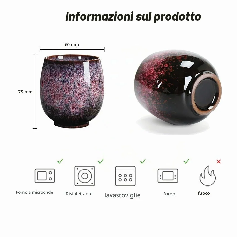 Set di tazze da tè in ceramica giapponese fatte a mano, 4 pezzi, smaltata multicolore flambed