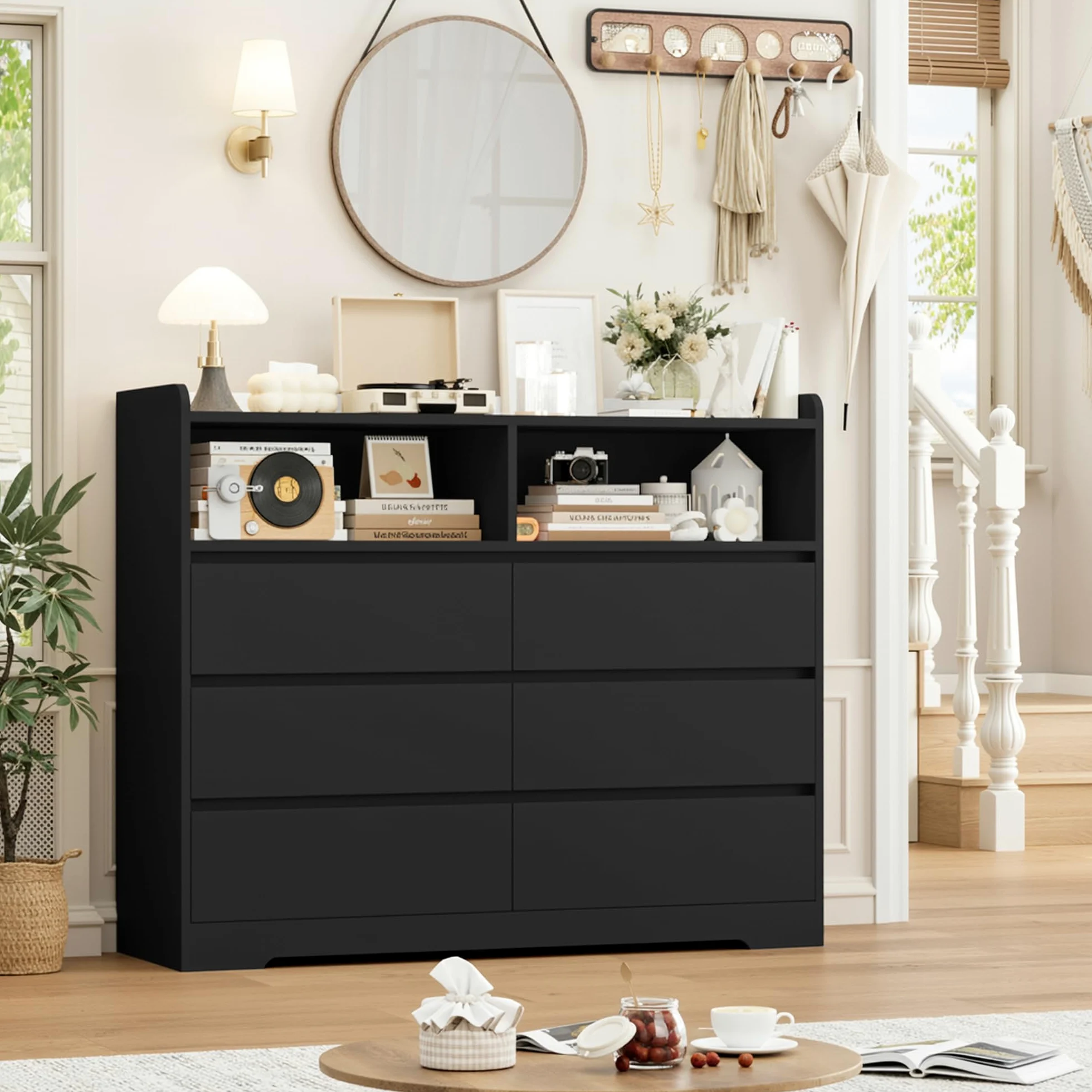 FOREHILL Cassettiera Camera da letto, Cassettiera con 6 Cassetti, Comò con 2 Scomparti Aperti Moderno, per Camera da Letto, Corridoio, Soggiorno, Ufficio, 120x40x100cm (Nero)