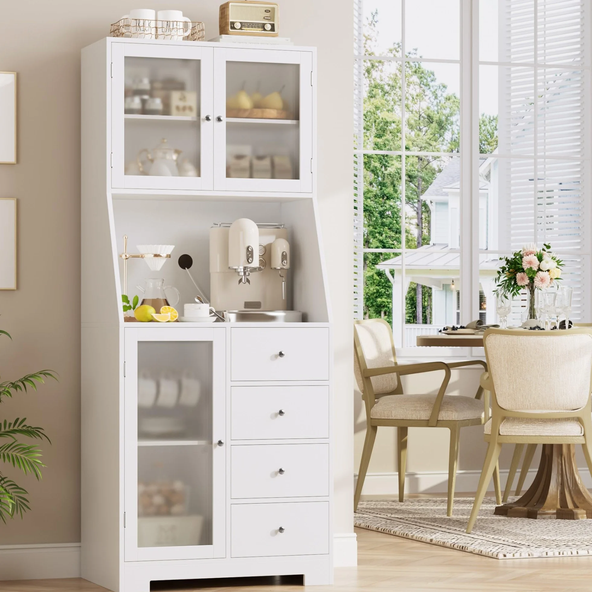 HOCSOK 163cm Credenza Cucina Alta, Dispensa Cucina Mobile Alto con 4 cassetti, Mobile Multiuso con Scaffale per Microonde Per Soggiorno, Sala da Pranzo, Bar, Bianco