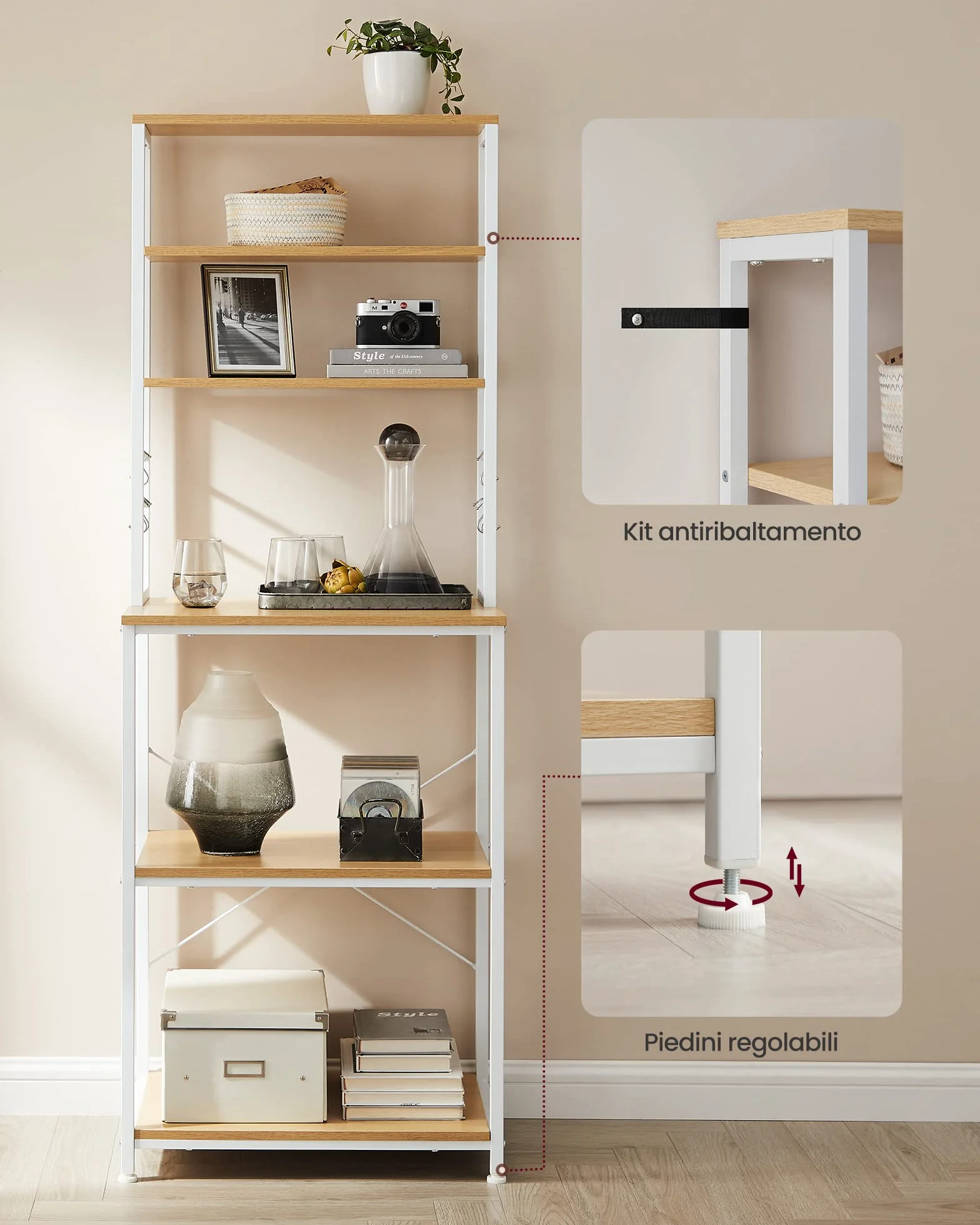 VASAGLE Scaffale Cucina 6 Ripiani Acciaio 40x60x167 cm Rovere Dorato e Bianco Nuvola KKS024W09