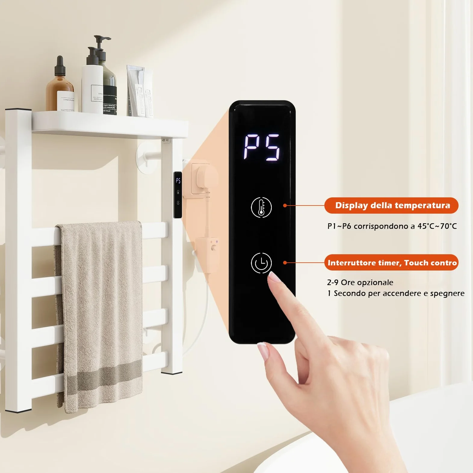 YU YUSING Scaldasalviette Elettrico Bagno 47x40x11cm, Termoarredo Bagno Intelligente con Un Ripiano, Asciugamani con Radiatore da Parete, Portasciugamani, 72W, Display LED, Touch Contro, Bianco
