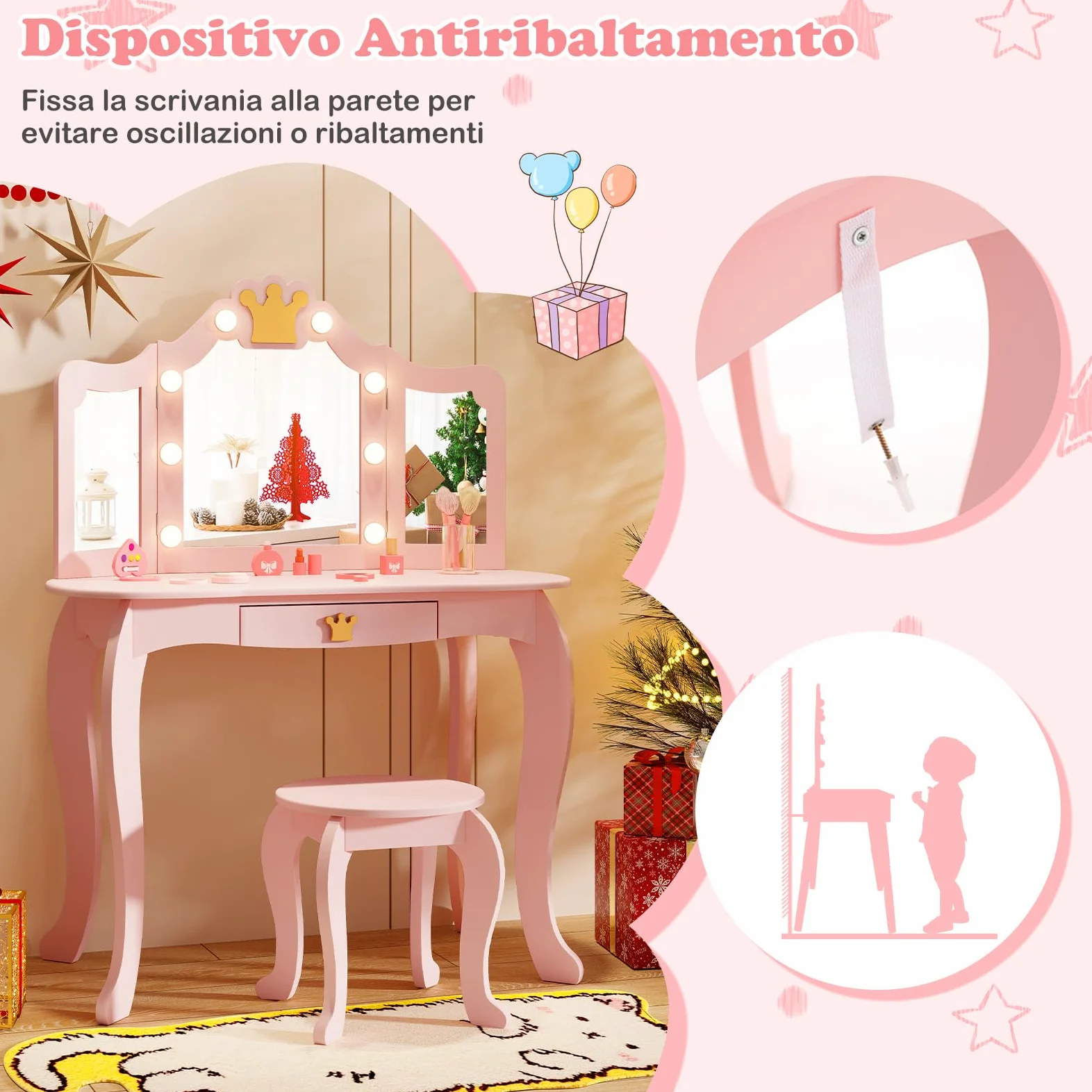 RELAX4LIFE Toeletta Trucco per Bambina con 8 Lampadine LED, 3 Colori di Luci, Specchiera Trucco con Sgabello, Toeletta in Legno, Specchio Rimovibile, per Bambini 3-7 Anni (Rosa)