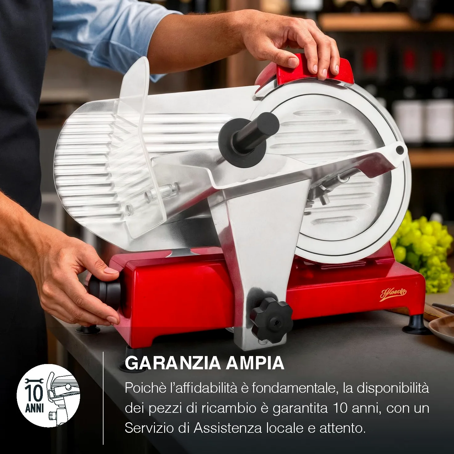 h.koenig Affettatrice Elettrica Professionale MSX254 per Salumi,Pane,Formaggio,240W,Lama Italiana 25cm,Spessore 0-12 mm,Affilatore Integrato,282RPM
