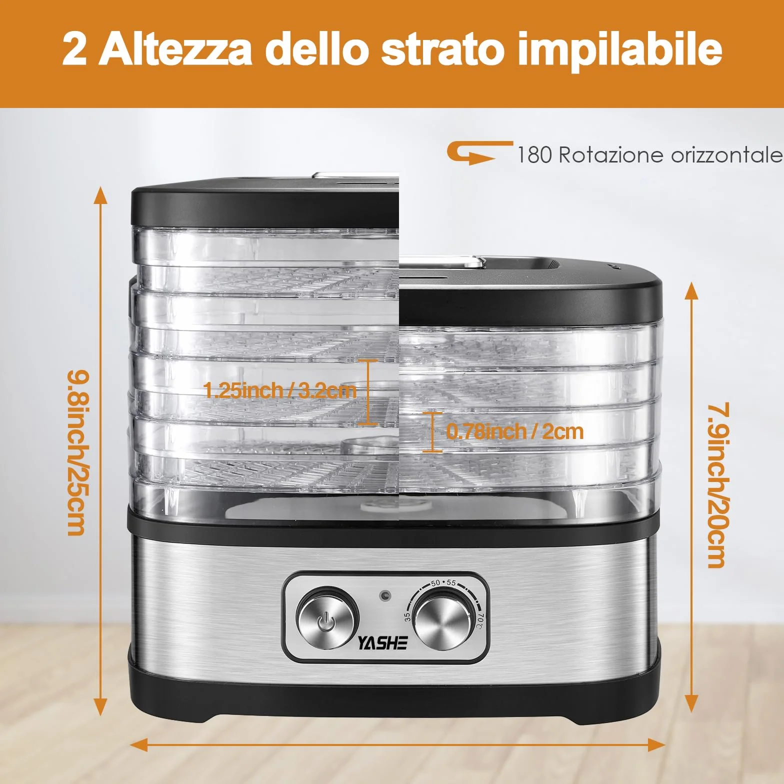 YASHE GGJ-261A Essiccatore Alimentare, 5 Vassoi Regolabili in Altezza, Controllo della Temperatura da 35 a 70°C, Essiccatore Frutta e Verdura da 240 Watt, Senza BPA