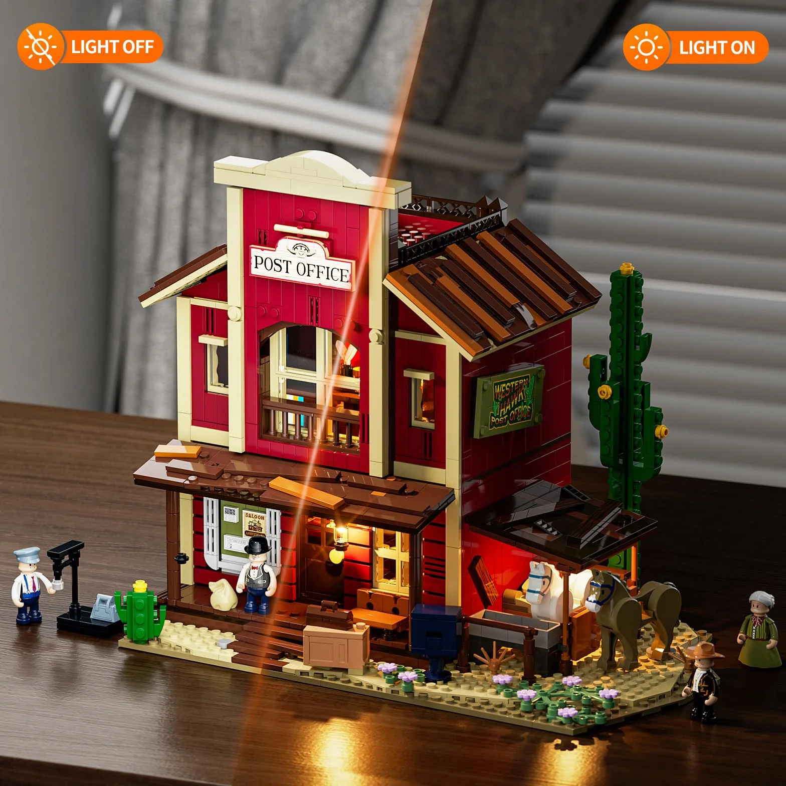 FUNWHOLE Ufficio Postale Western 1692 Pezzi Edificio Modulare Far West 6 Luci LED Modello Città Cowboy