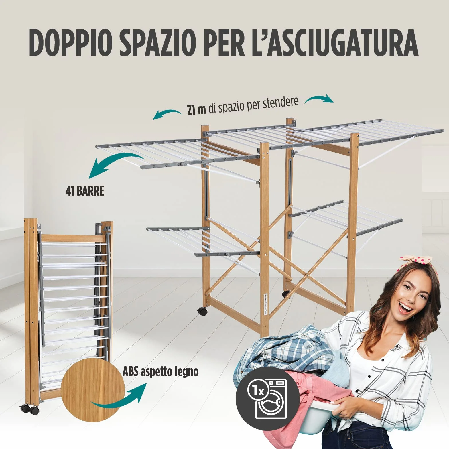 VITAPUR House Care XXL Stendibiancheria con Ruote - Stendino 2 Livelli 21m - Pieghevole 12cm Effetto Legno - Stendibiancheria da Terra Mobile Interno Esterno - 25kg Portata 136x69cm Salvaspazio