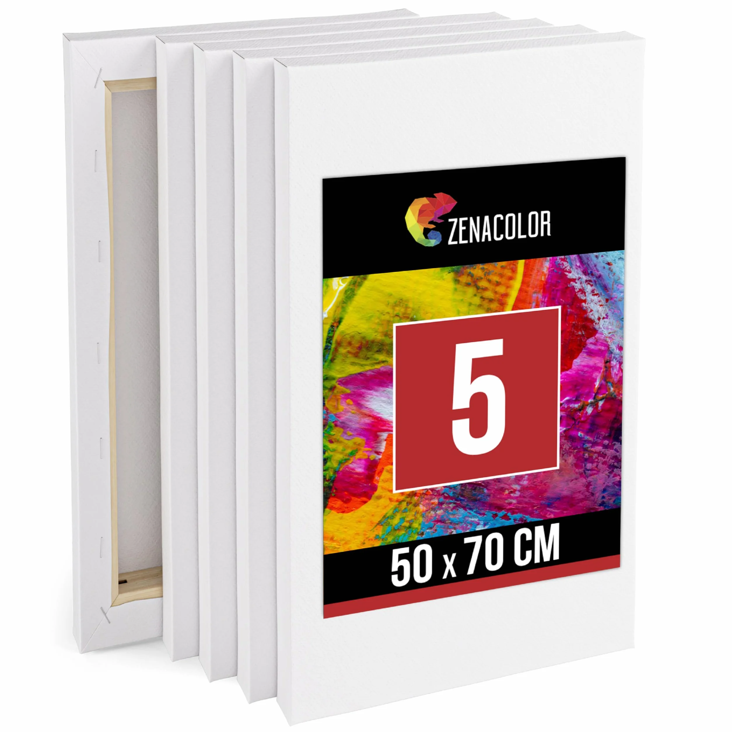 Zenacolor Set di 5 Tela per Dipingere 50x70 - Telaio di Legno 100% Cotone 340GSM - Tele Grandi Dimensioni per Artisti