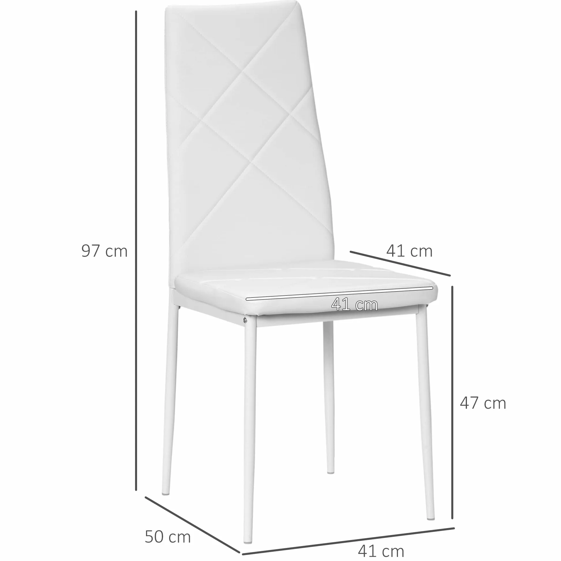 HOMCOM Set 4 Sedie Sala da Pranzo Imbottite con Schienale Alto, Sedie Cucina in Finta Pelle Cuciture a Diamante con Piedini Antiscivoli e Gambe in Acciaio per Soggiorno, 41x50x97 cm, Bianco