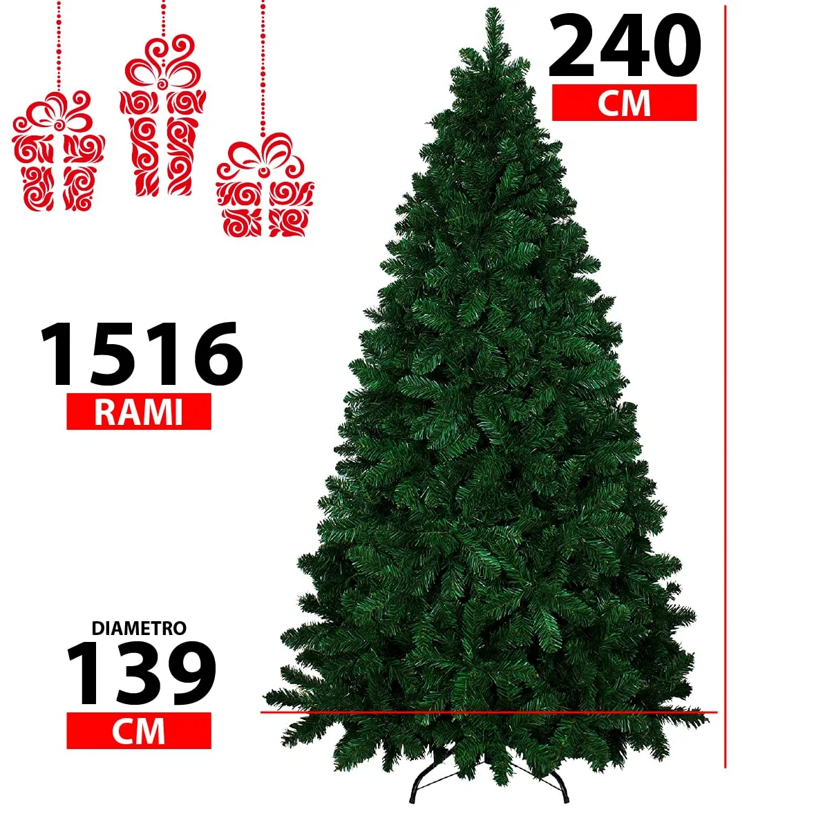 Albero Di Natale 240 Cm Con Sacca Effetto Reale 1516 Rami Foltissimo Molto Folto Rami A Gancio Base A Croce Sicura In Metallo Doppia Foglia Colorata In PVC Abete Natalizio (240 Cm, 1516 Rami)
