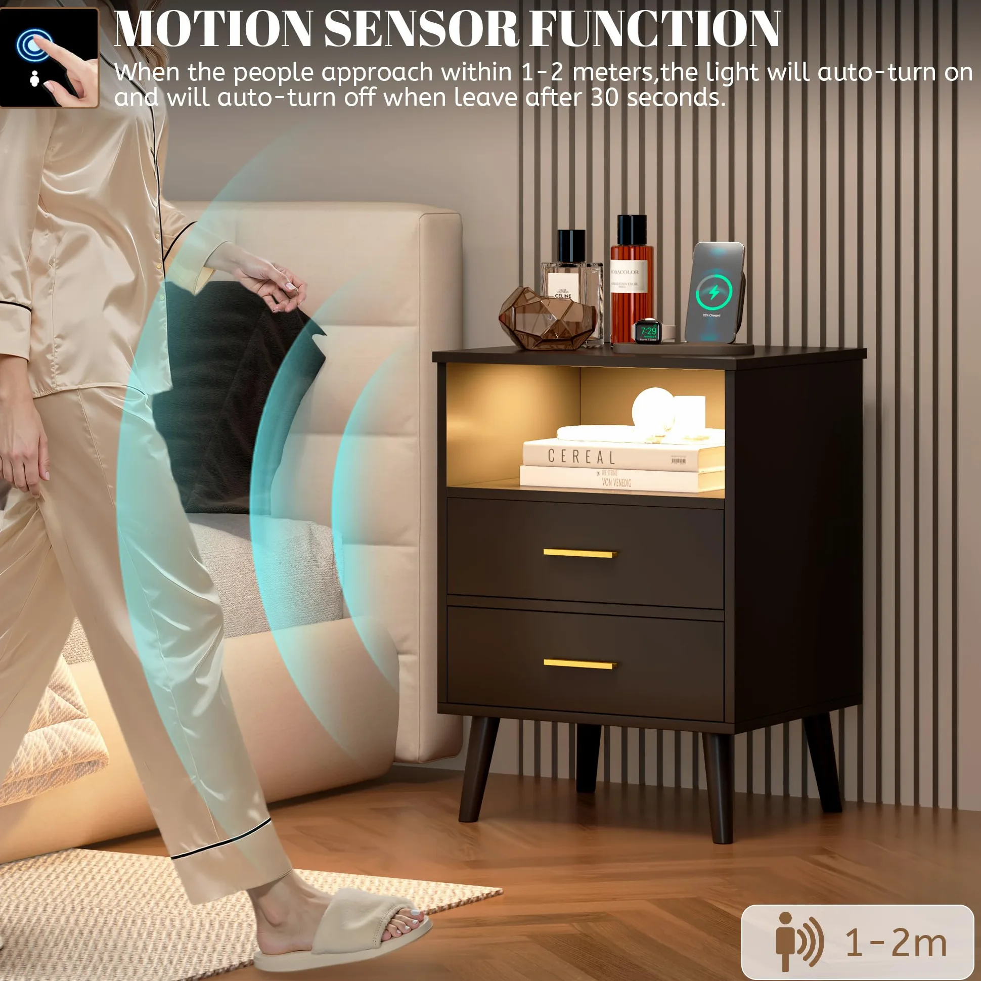 Vlsrka LED Comodino con Cassetto Nascosto, Comodino con Funzione di ricarica, Comodini moderni con 3 Cassetti, Comodini in Legno Camera da letto, Ricarica Wireless, Luci 3 colori, Nero