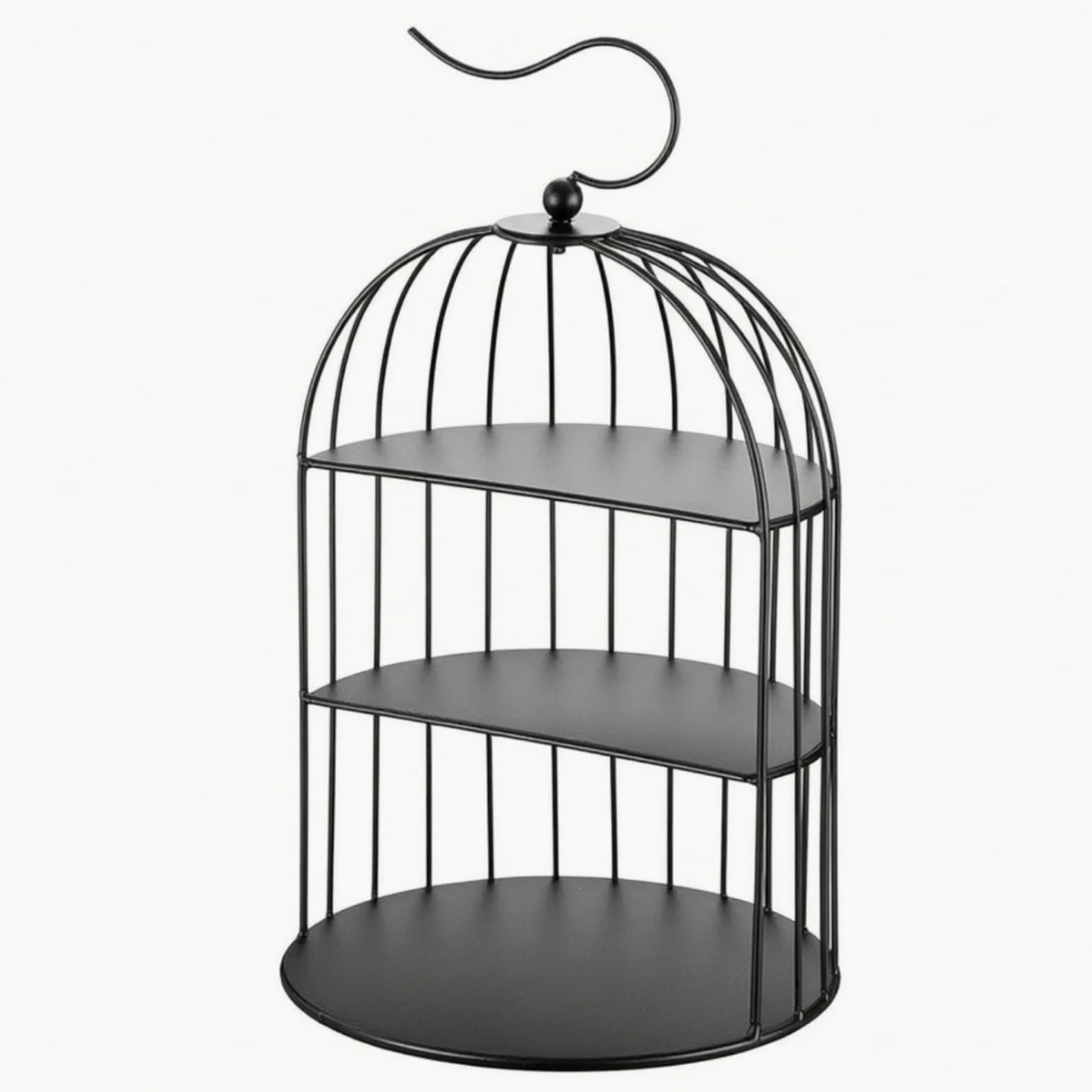 Alzata per Dolci Portatorta Vassoio Espositore in Acciaio Inox a Tre Ripiani Stile Gabbia con Manico Ad Arco Struttura , Nero , Stile Europeo, Design A Gabbia Per Uccelli A Tre Livelli