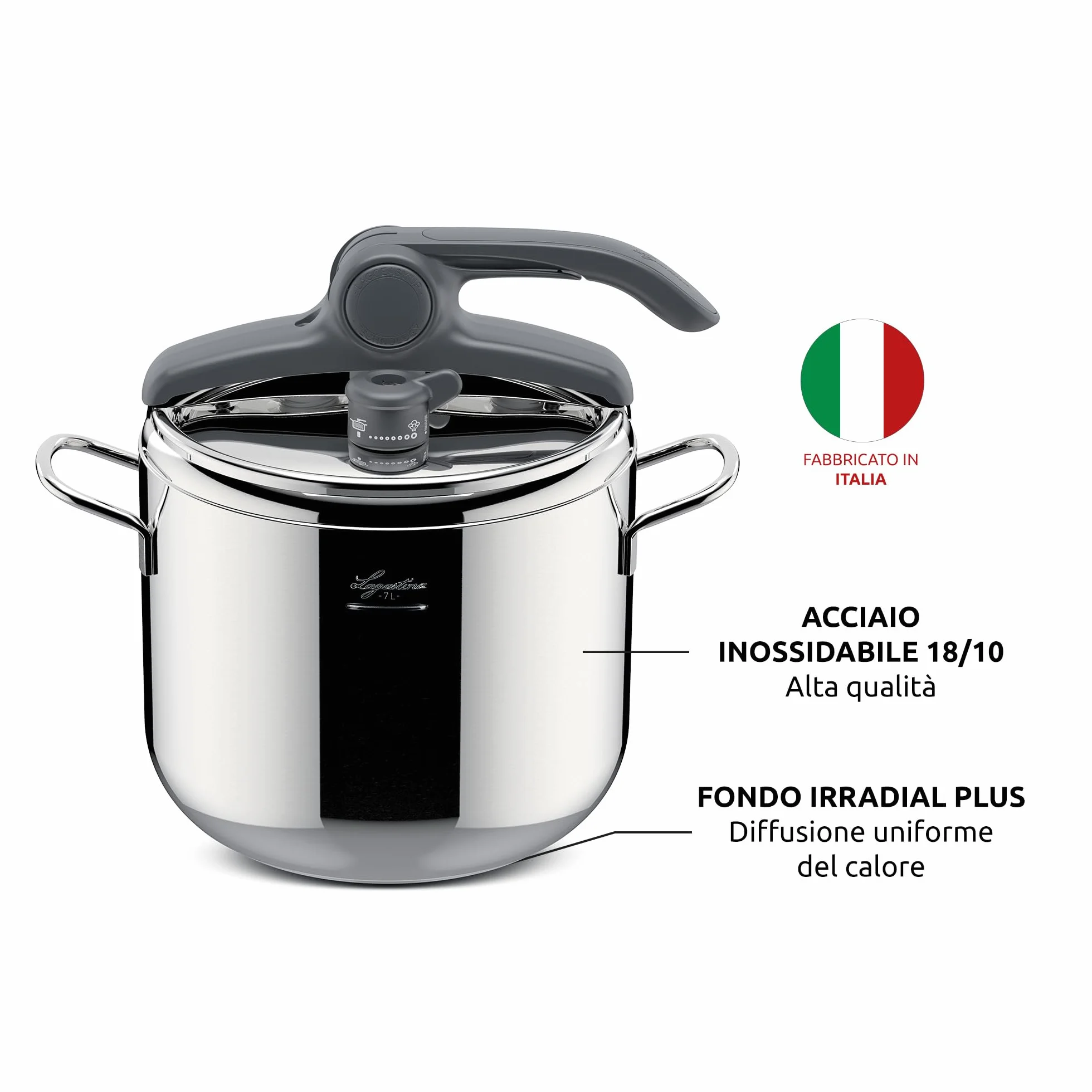 Lagostina Irradial Control Pentola A Pressione 7 L Acciaio Inox 18/10 22 Cm Induzione Gas Coperchio Apertura Facilitata Fondo Irradial Plus Triplo Strato