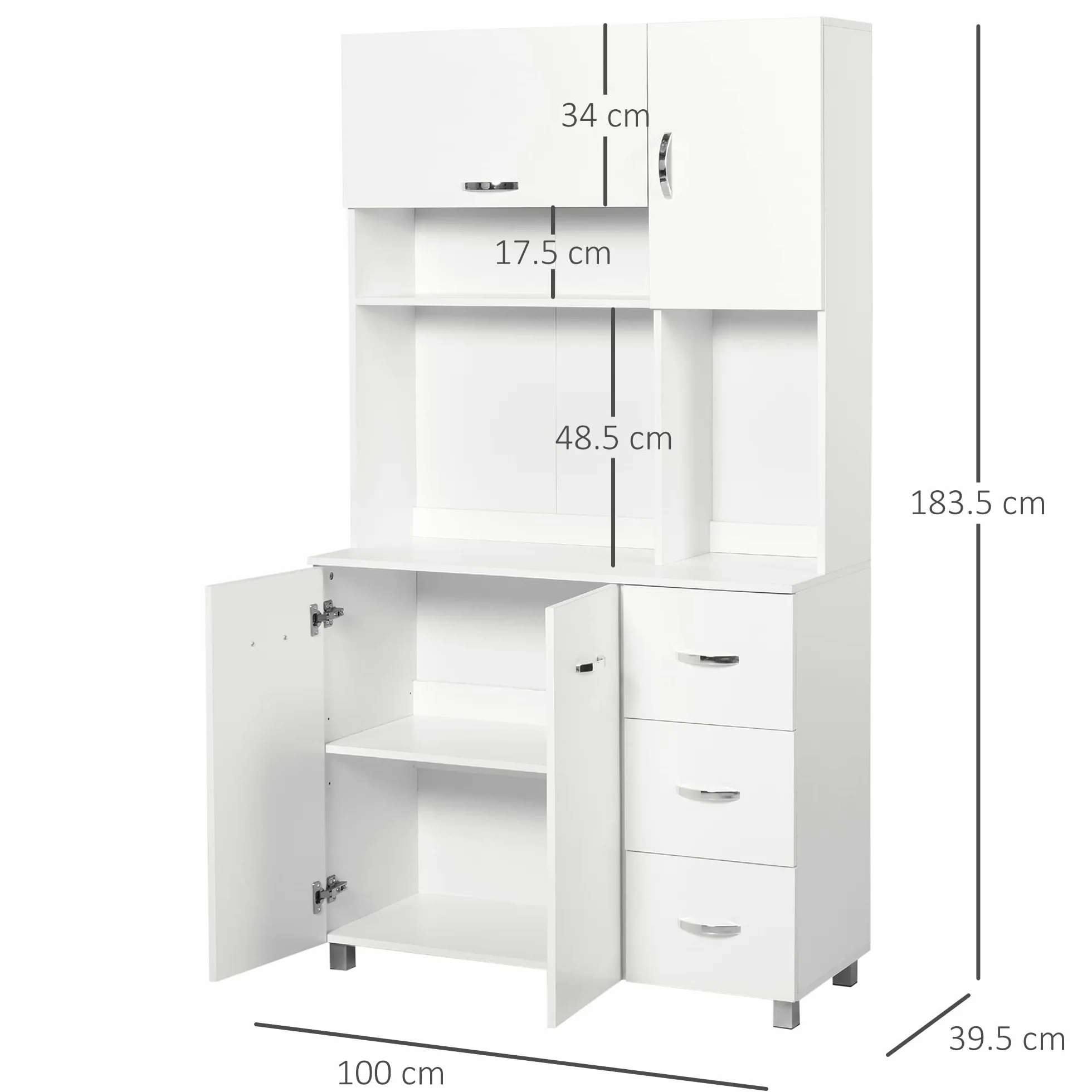 HOMCOM Credenza Alta Moderna con Cassetti e Armadietti, Mobile Cucina per Microonde con Ripiani Aperti, 100x39.5x183.5cm, Bianco