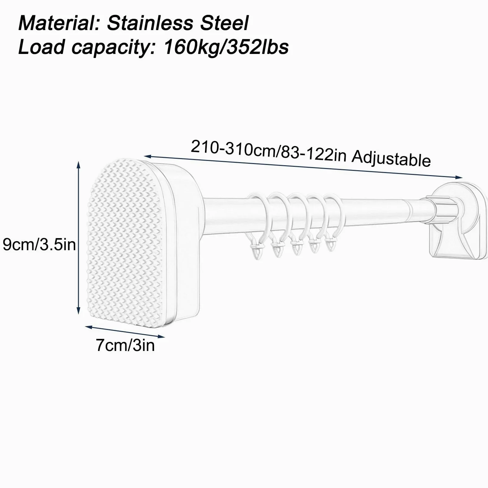 Bastone Tenda Doccia con 20 Anelli, da 50 a 520 cm, Bastone Tenda a Pressione in Acciaio Inox Antiruggine, Non Necessita di Foratura, Adatta a Finestre e Armadi(Black,210-310cm/83-122in)