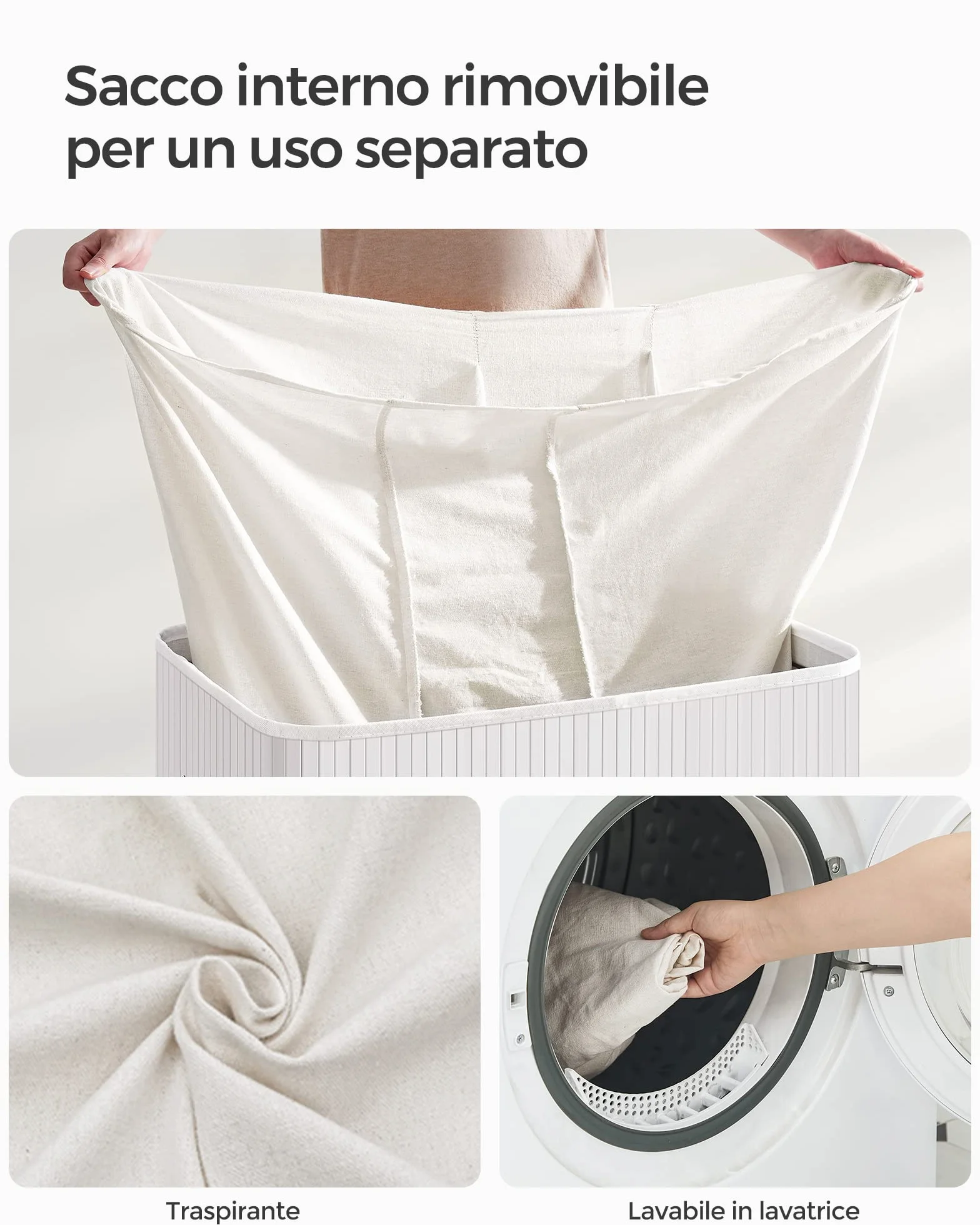 SONGMICS Cesto Portabiancheria, 150 L, Cesta Biancheria a 3 Scomparti in Bambù Coperchio, Maniglie, Pieghevole, Sacco Rimovibile e Lavabile in Lavatrice, Lavanderia, Casa, Bagno, Bianco LCB091W01