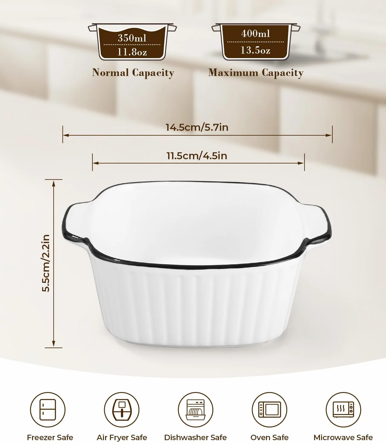4 Pezzi Kit Piccole Pirofila da Forno, 400ML Set Teglie da Forno in Ceramica, 14.5 x 11.5 x 5.5 cm Piatti da Forno Quadrati, Pirofile da Forno in Ceramica con Manici, per Airfryer, Forno e Microonde