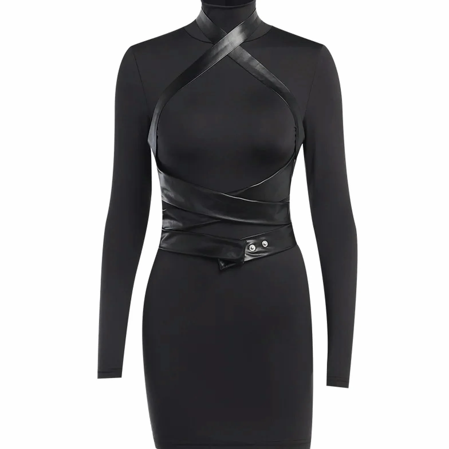 Harajuku Y2k Abito Aderente Donna Dark Gothic Streetwear Similpelle Fasciatura Vita Alta Corsetto Nero