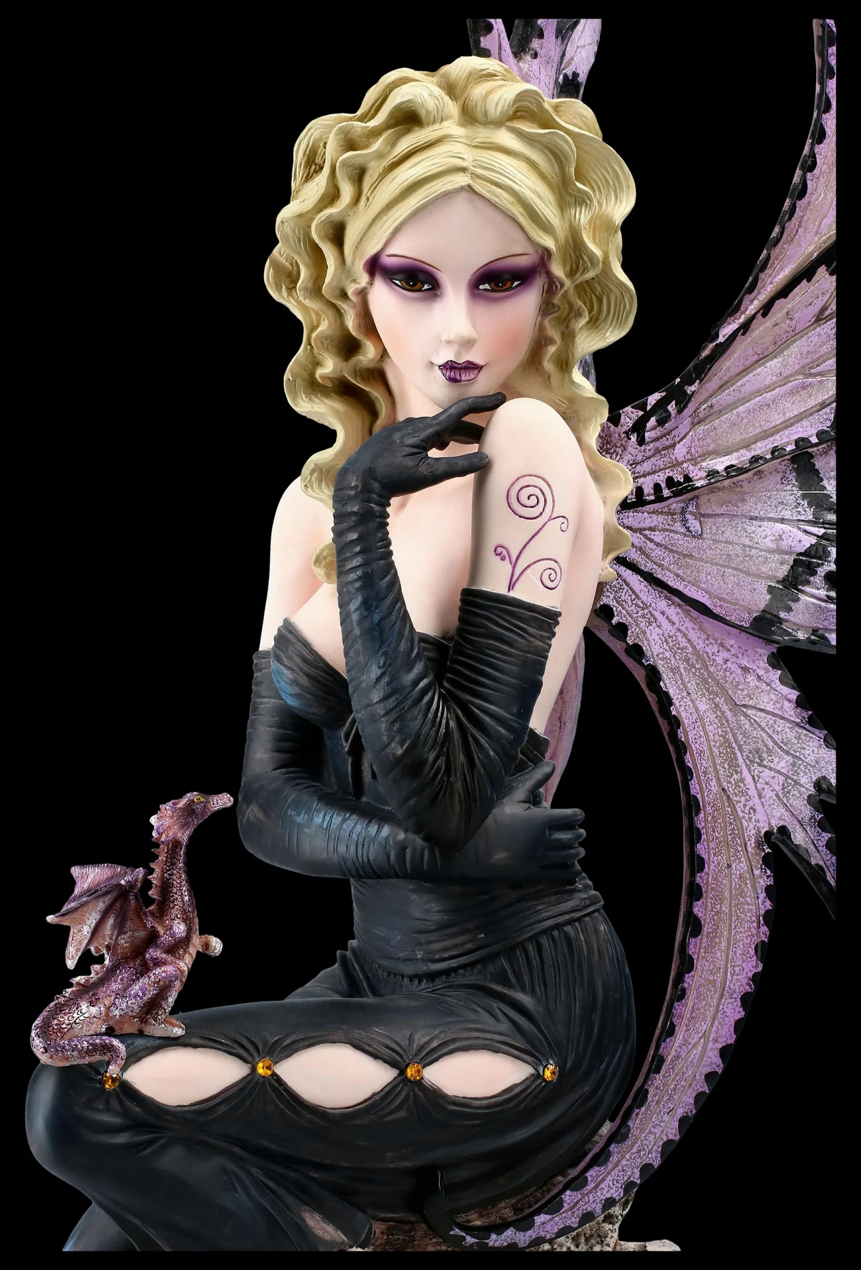 Elfo seducente Liliana con drago viola 50 cm, sensuale, biondo, abito scuro, statua d'elfo, figura fata