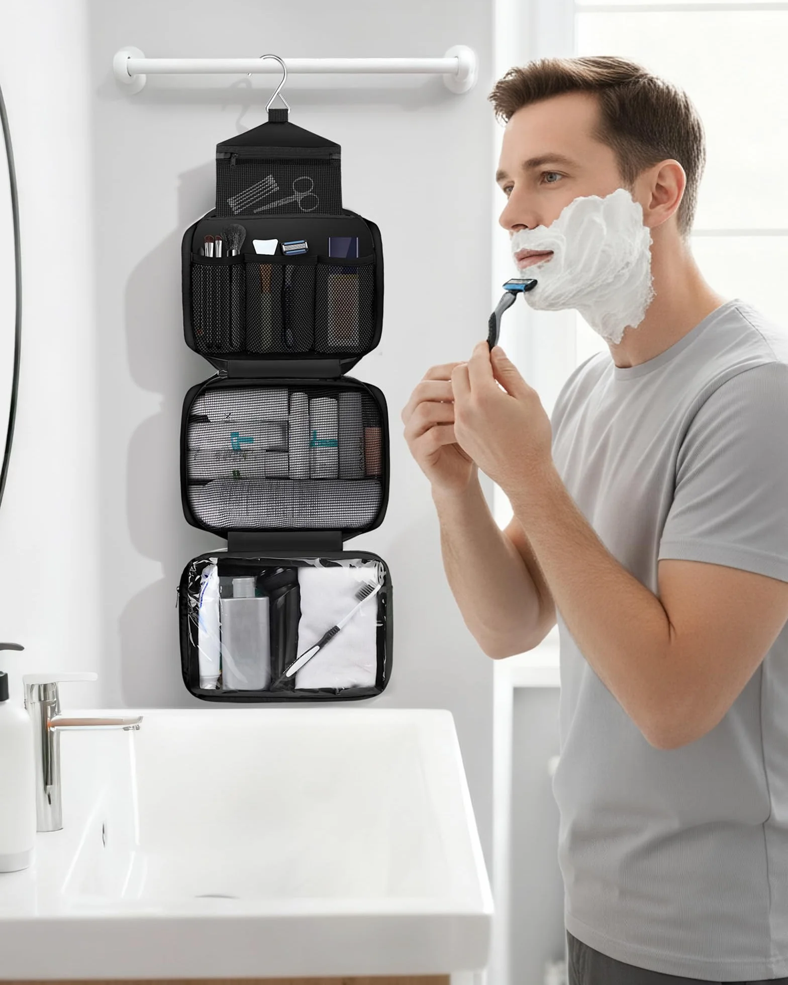 Beauty Case da Viaggio Uomo y Donna, Borsa da Toilette Grande per Viaggio | Borsa da Bagno Compatta da Appendere con 4 Scomparti | Beauty Case da Doccia Impermeabile