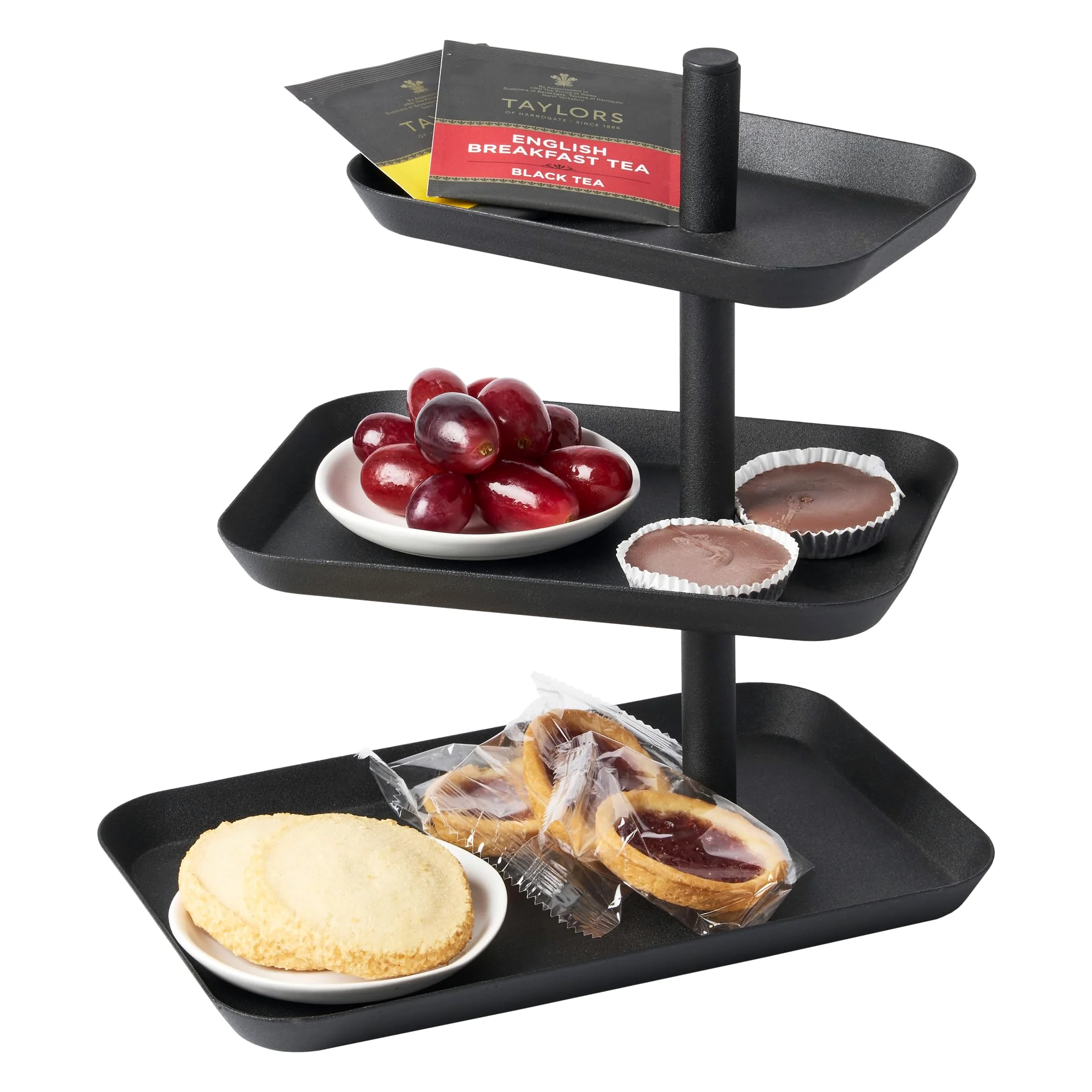 Yamazaki 4281 Alzatina per torta TOWER a 3 livelli, nera, acciaio, design minimalista