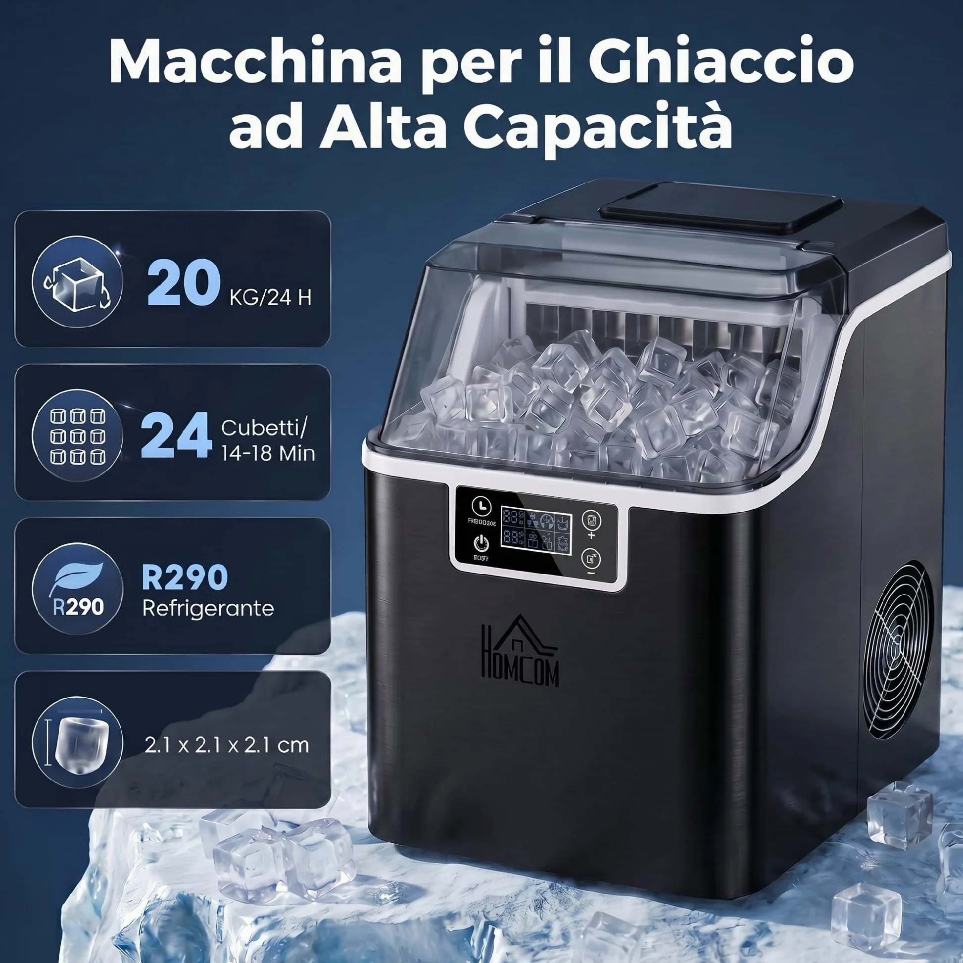 HOMCOM Macchina Ghiaccio 20kg in 24 Ore, Riempimento Manuale o con Bottiglia, 24 Cubetti in 14-18 Minuti con Paletta, Dimensione Regolabile, Serbatoio 3.2L e Sistema Autopulente, Nero