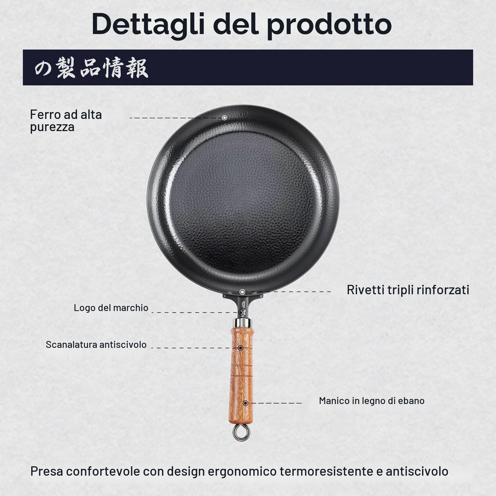 MITSUMOTO SAKARI Padella Antiaderente 30 cm,Padella in Ghisa Battuta a Mano | Senza Rivestimento Sintetico, Adatta a Fornelli a Gas e Induzione, Manico in Ebano