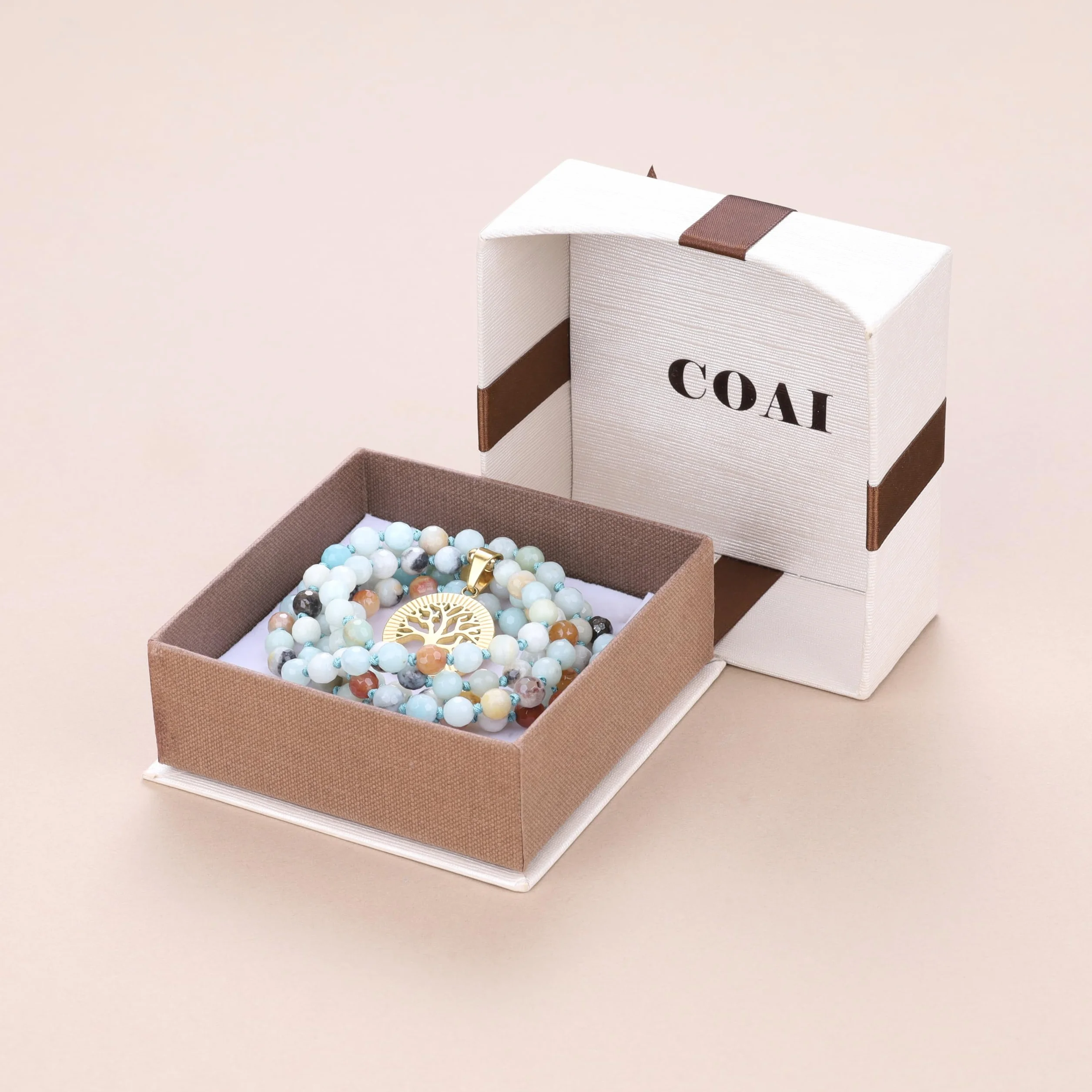 COAI Collana Mala Buddista 108 Perle di Pietre Naturali Annodate a Mano con Ciondolo in Acciaio Inox