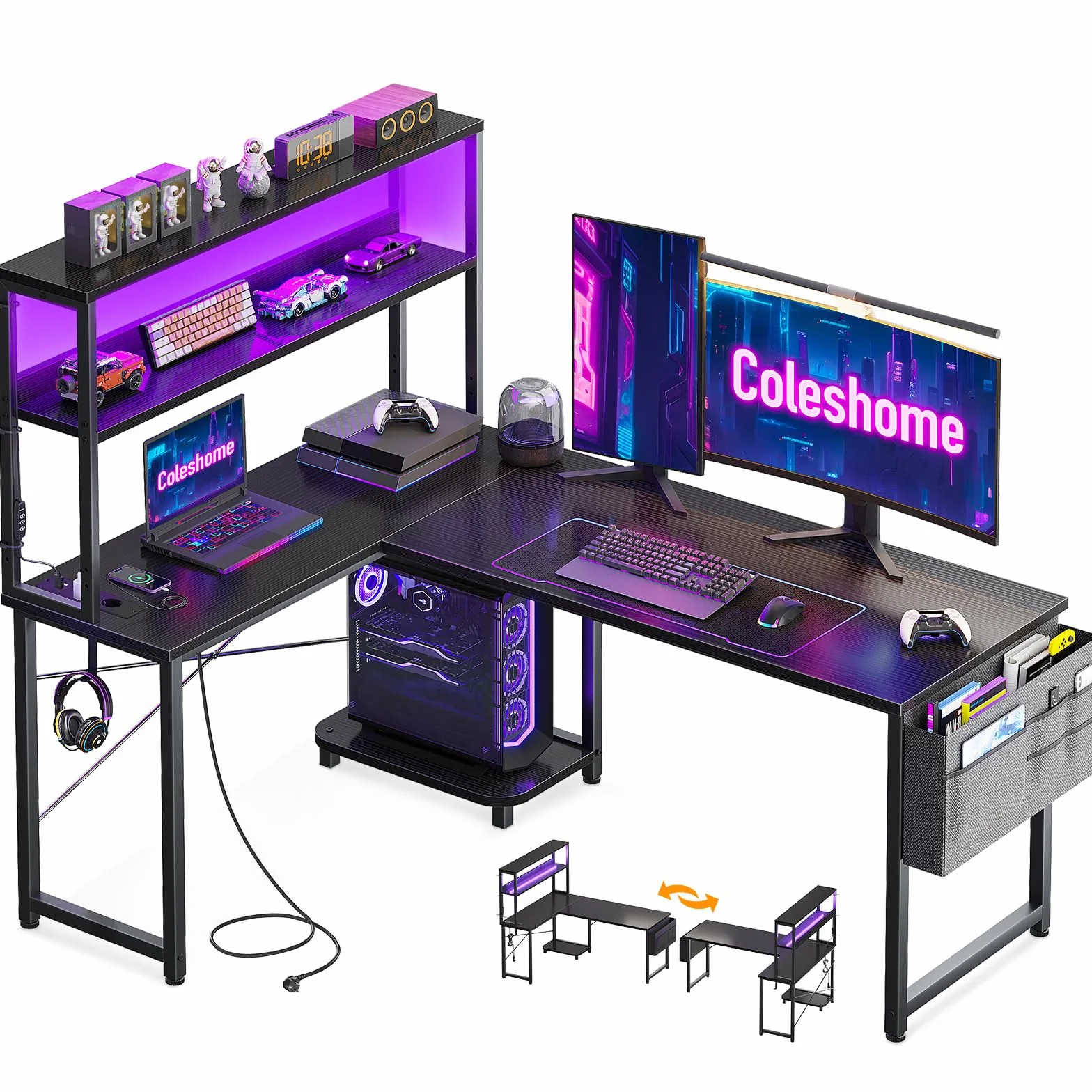Coleshome Scrivania Gaming con LED e Prese, 135 × 100 cm Scrivania Gaming Angolare Reversibile con Scaffali Portaoggetti, Scrivania Angolare con Borsa Portaoggetti per Giocatori, Nero