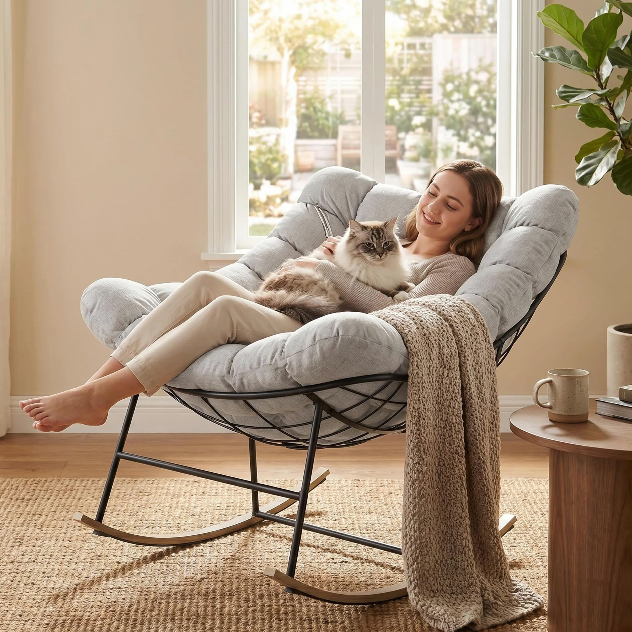 Fiutazge 2 Pezzi Sedia a Dondolo da Esterno,Poltrona Relax Ergonomica a Forma di Uovo per Giardino,Balcone,Veranda e Soggiorno,Portata 180 kg,Beige