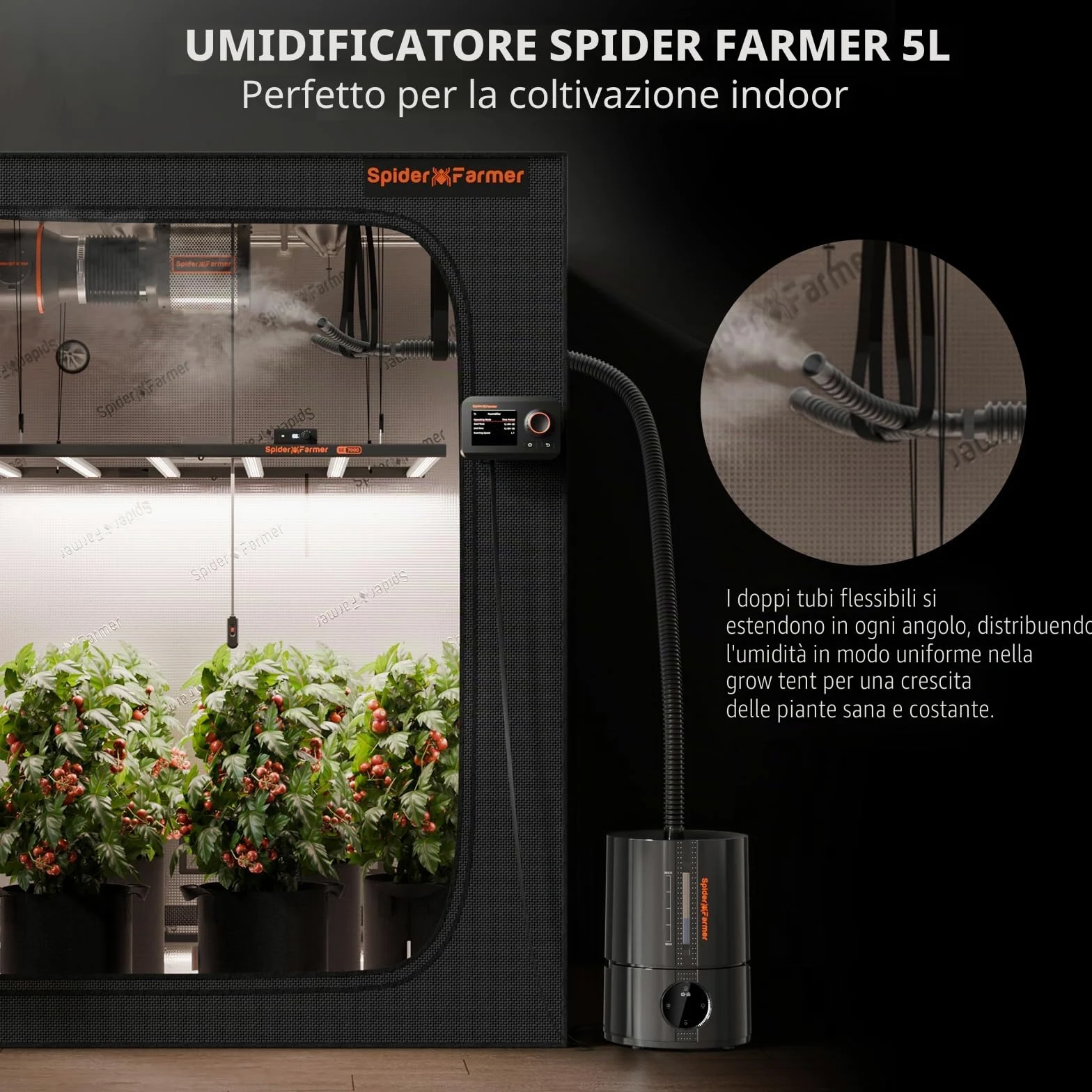 Spider Farmer Nuovo umidificatore da 450 ml/h per piante Tenda da coltivazione Camera da letto, GGS Smart Umidificatore a ultrasuoni con igrometro Nero Piccolo 5 L