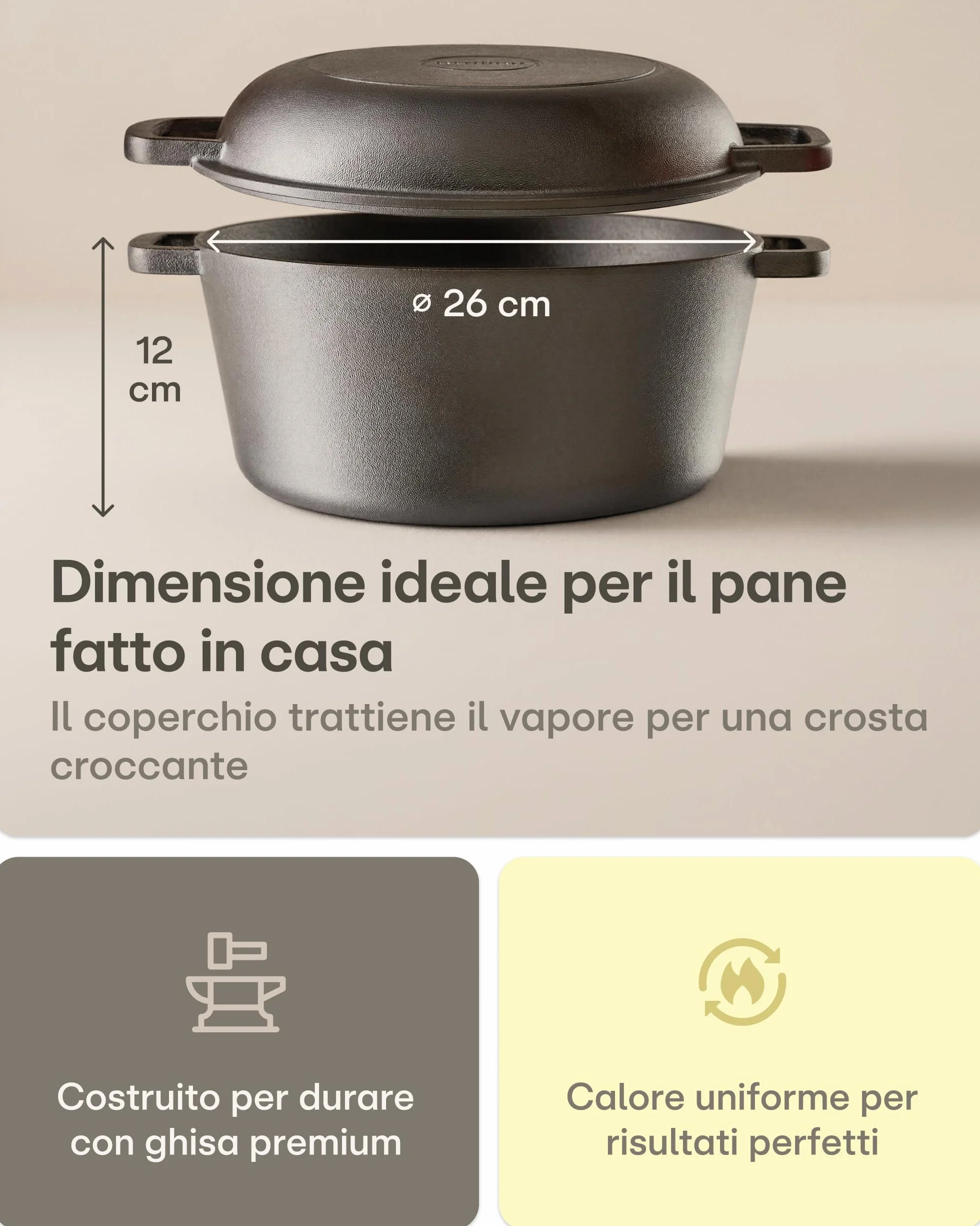Praknu Pentola Ghisa 26 cm – Casseruola In Ghisa Set – con Cestino Lievitazione & Sacchetto Per Pane – Coperchio Incluso – 4,7 L Dutch Oven