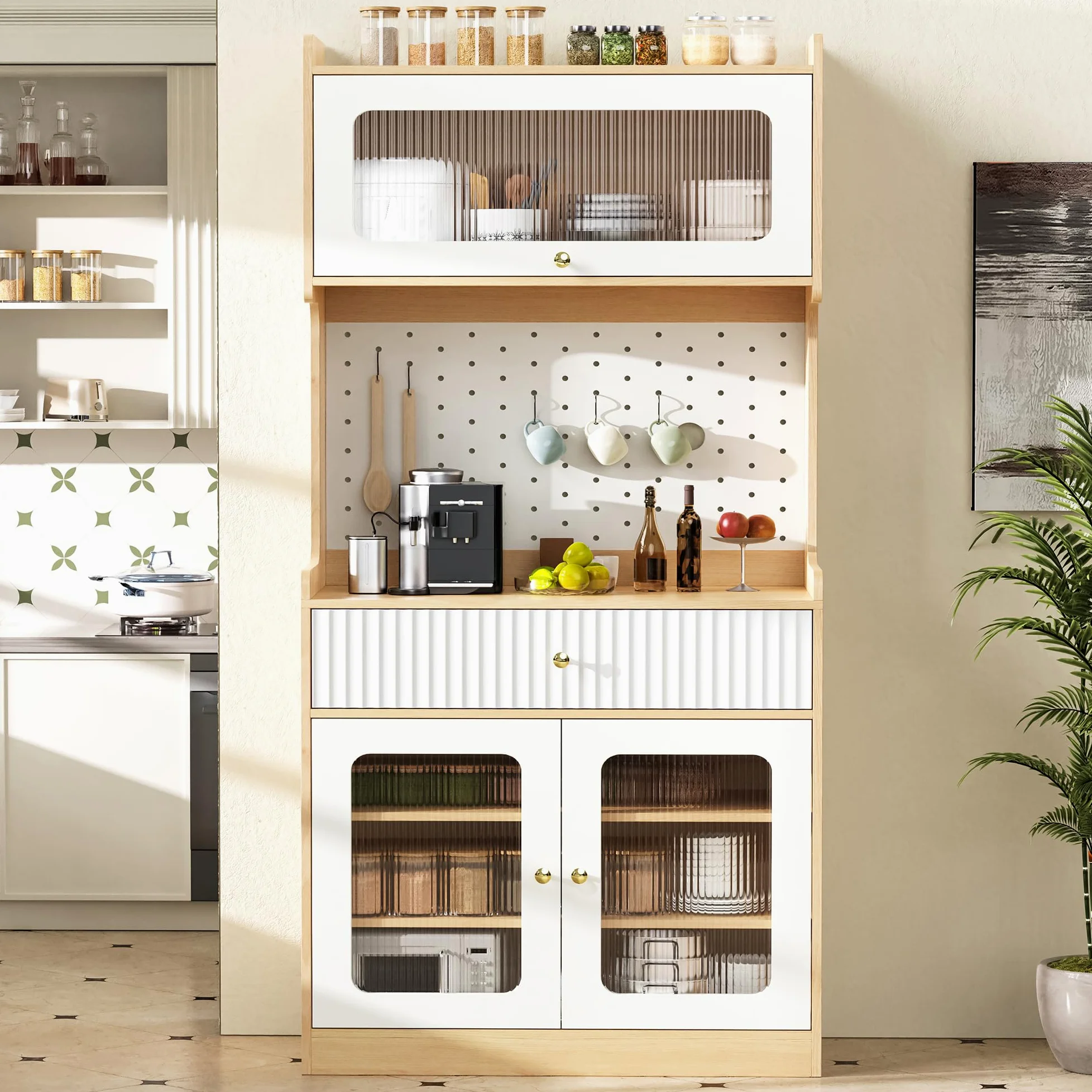 MURUL Highboard naturale/bianco, con LED, vetro scanalato, ripiani regolabili e cassetti, ideale per cucina, sala da pranzo e soggiorno