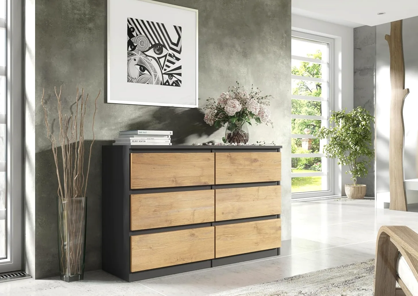 meble masztalerz Cassettiera Camera da Letto con 6 Cassetti - Credenza Soggiorno - Moderna Comò - Cassettiera Alta - Mobiletto con Cassetti - Antracite & Lancelot 138,5 x 39 x 78,5 cm