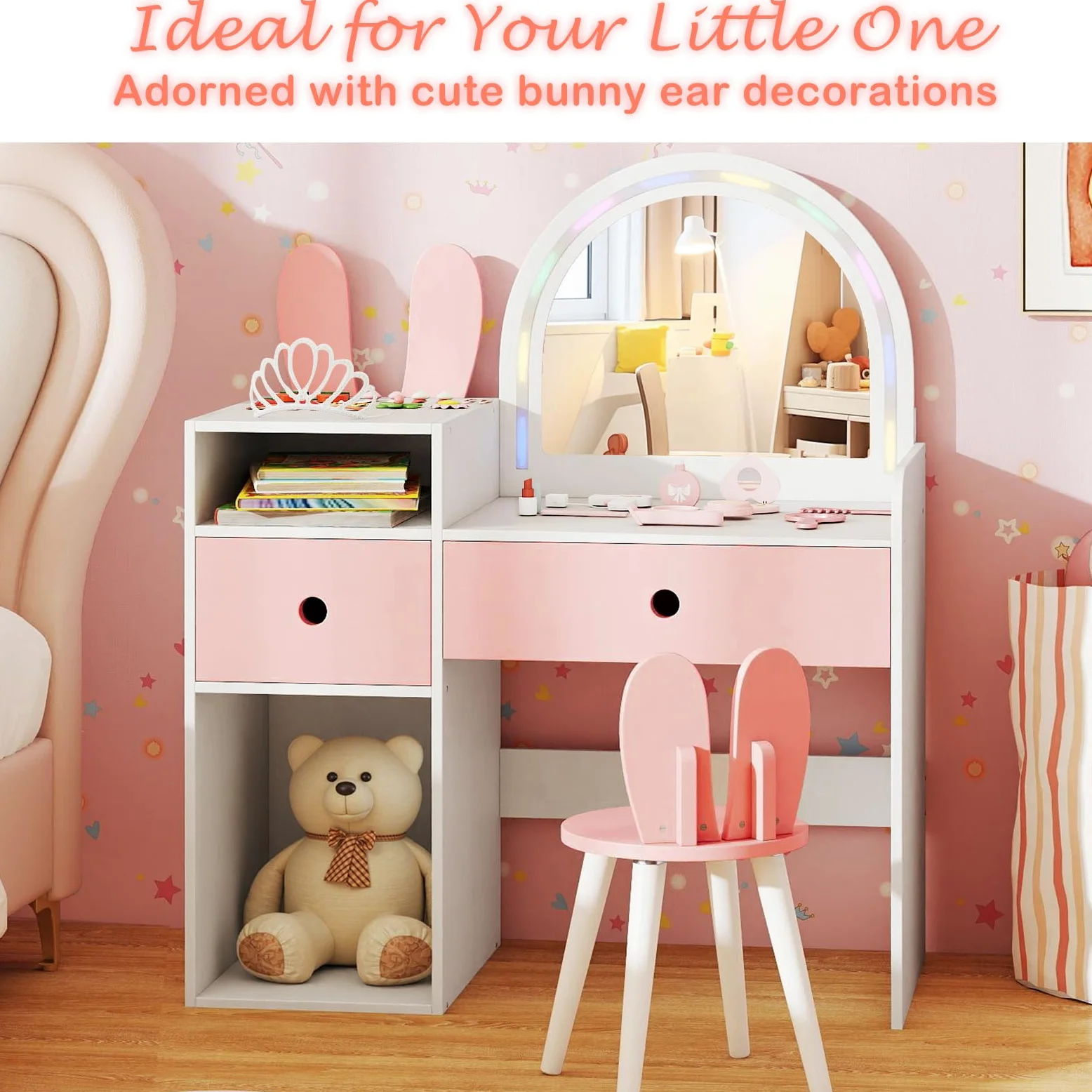 LIFEZEAL Specchiera Trucco per Bambina 3+Anni, con Luci, Sgabello, Sedia, Toeletta Tavolo, Forma di Coniglio, Postazione Make up, Vanity, Cassetti, Scomparti Aperti, Accessori, Cameretta (bianco)