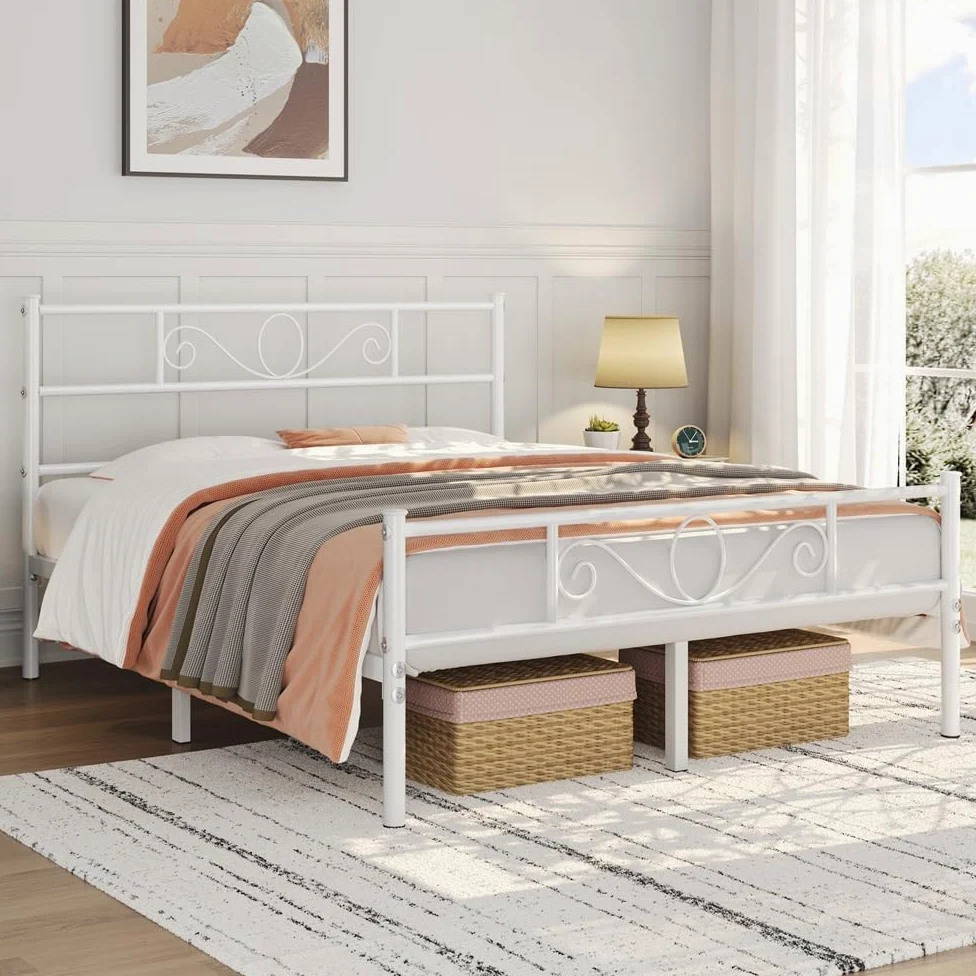 Yaheetech Struttura Letto Matrimoniale in Ferro Battuto a Doghe 160 x 200 cm Testiera Elegante in Metallo Stile Rustico Moderno Bianco