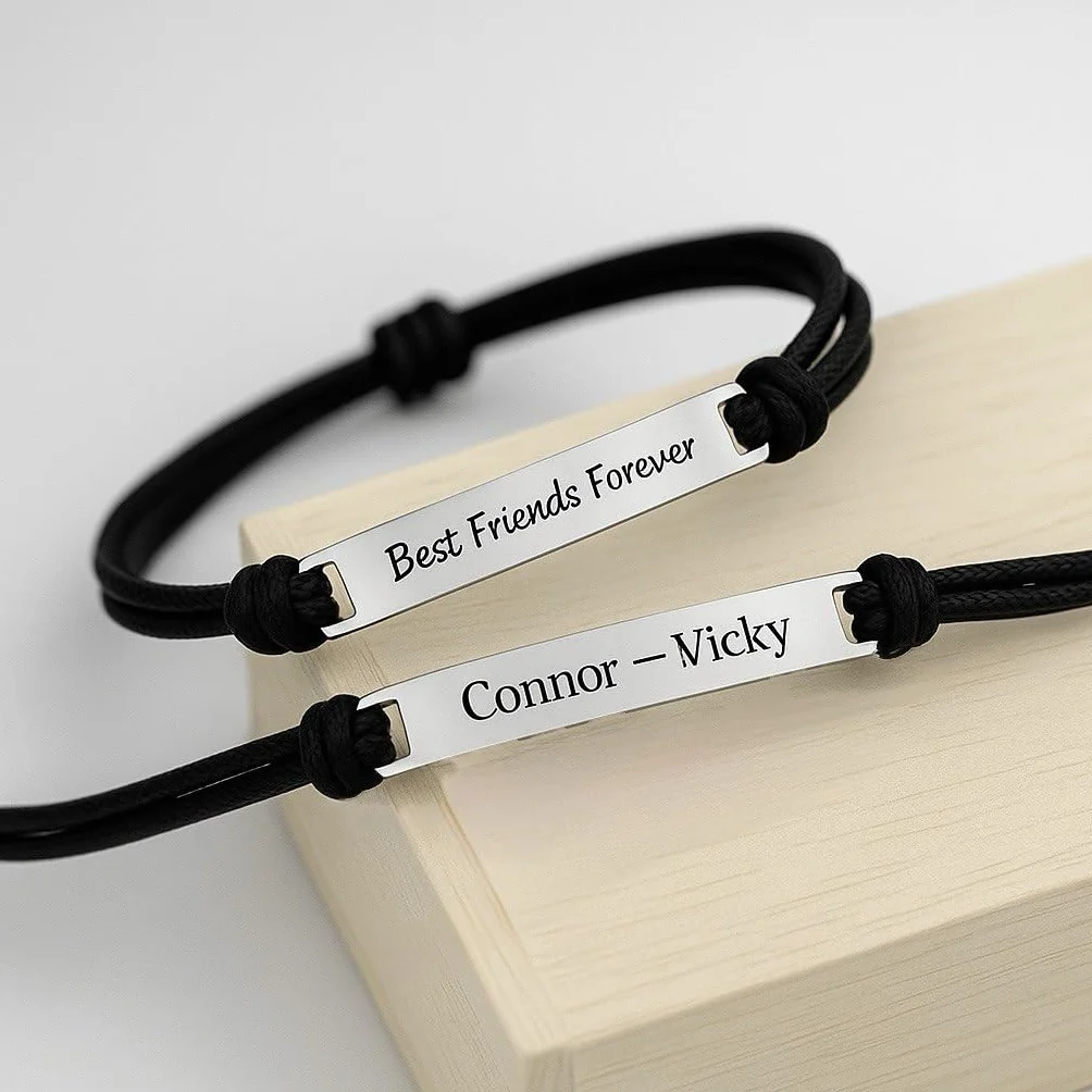 Generico Bracciale Personalizzato Uomo Donna Cordoncino Nero Regolabile Acciaio Inox Idea Regalo Romantica Coppia Anniversario San Valentino