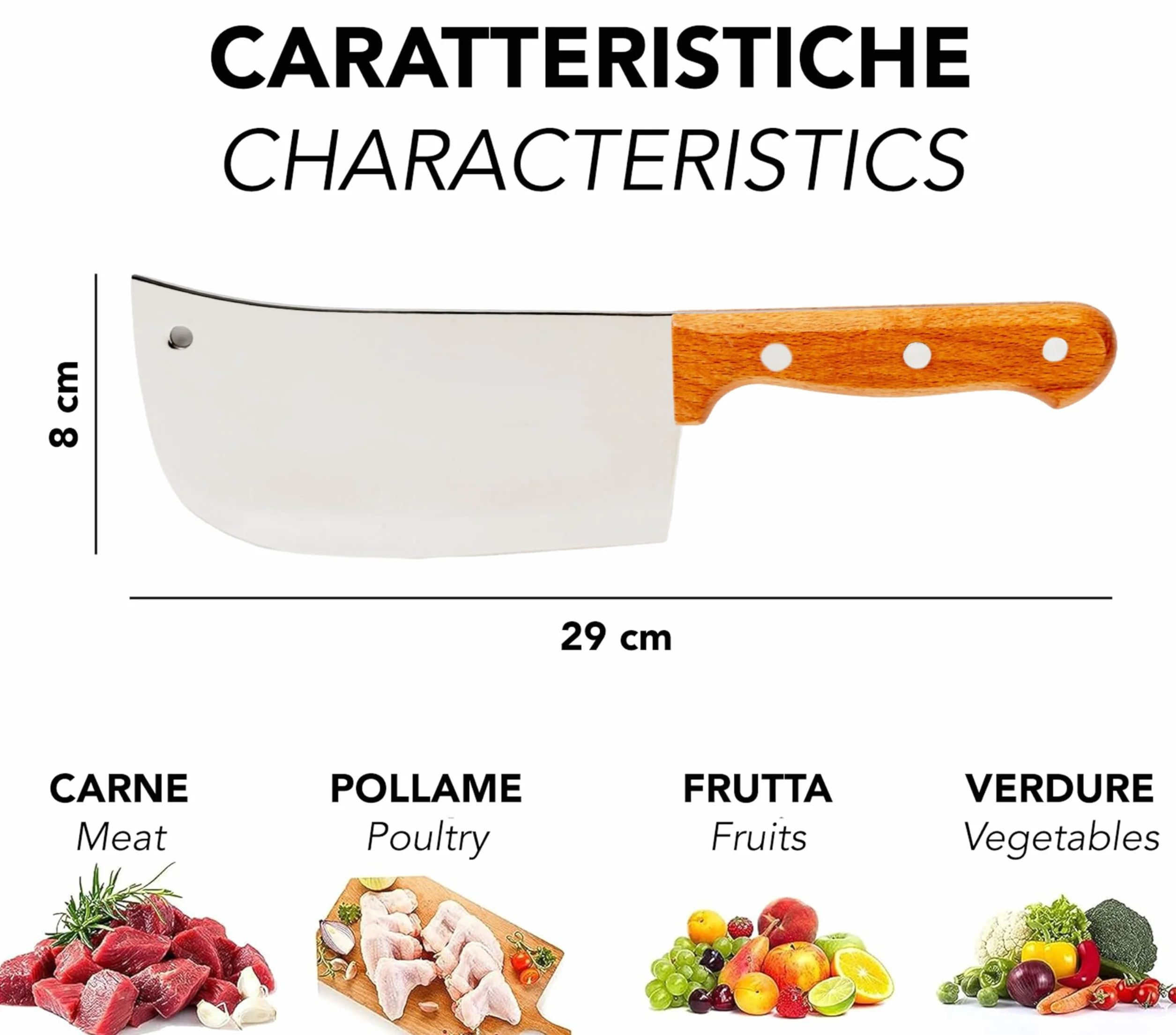 IPEA Mannaia da Cucina 29 cm - Coltello da Chef Professionale con Lama Affilata in Acciaio Inox per Tagliare Carne ed Alimenti - Impugnatura Ergonomica in Legno per Cuoco o Macellaio