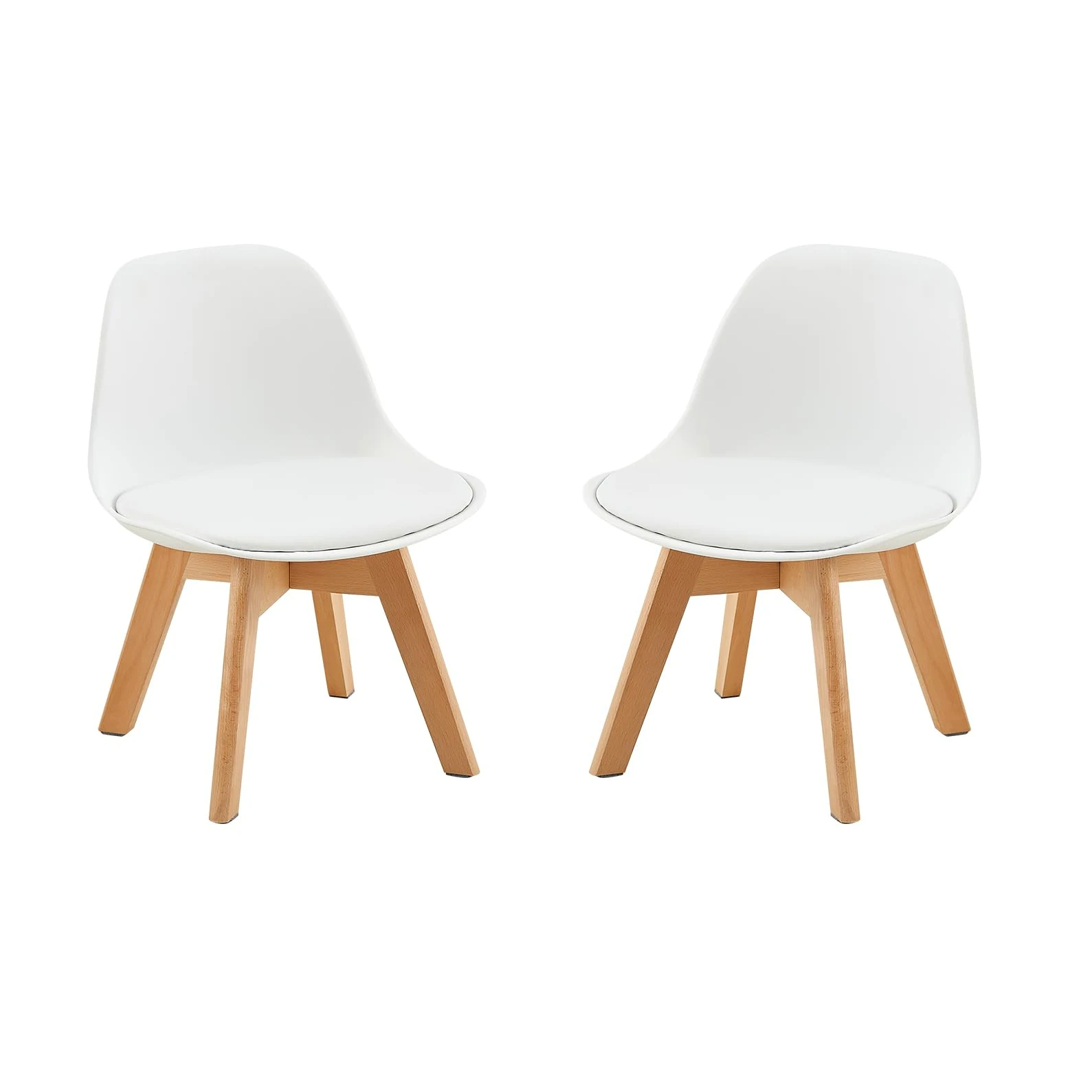 Set di 2 Sedie per Bambini con Gambe in Legno, Sedia Piccola in PP+PU con Schienale per Cameretta, Sedia da scrivania per Bambini, Bianco