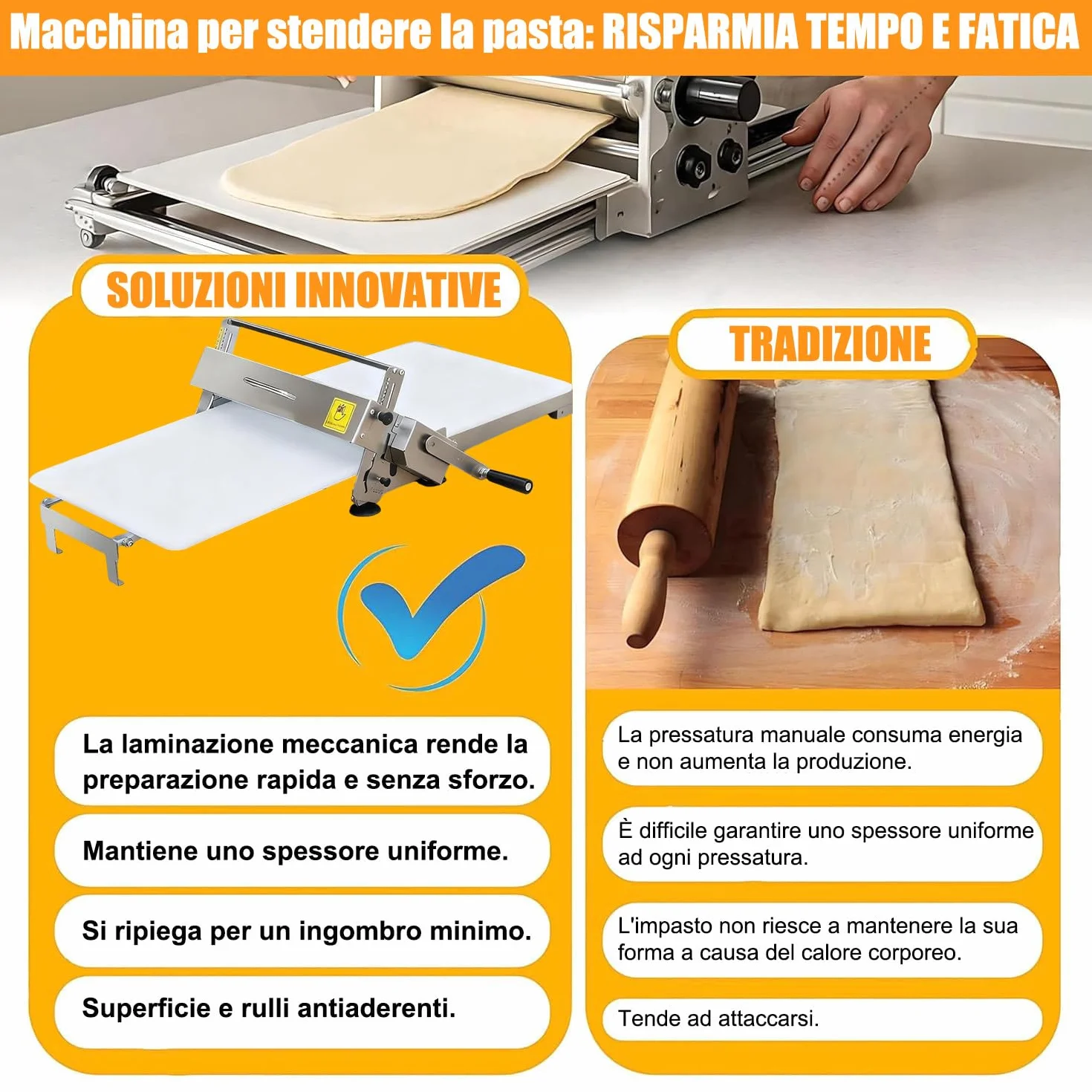 Sfogliatrice Pieghevole Professionale per Pasta Sfoglia e Croissant Laminatrice Compatta Acciaio Inox Large